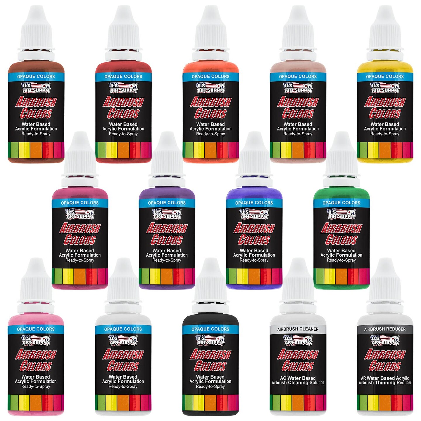 Airbrush Paint Set - 12 Color Primary Opaque with Reducer &#x26; Cleaner, Ready to Spray Air brush Paint, 1-Ounce Water-Based Acrylic for Painting Metal, Plastic Models, Canvas, Wood