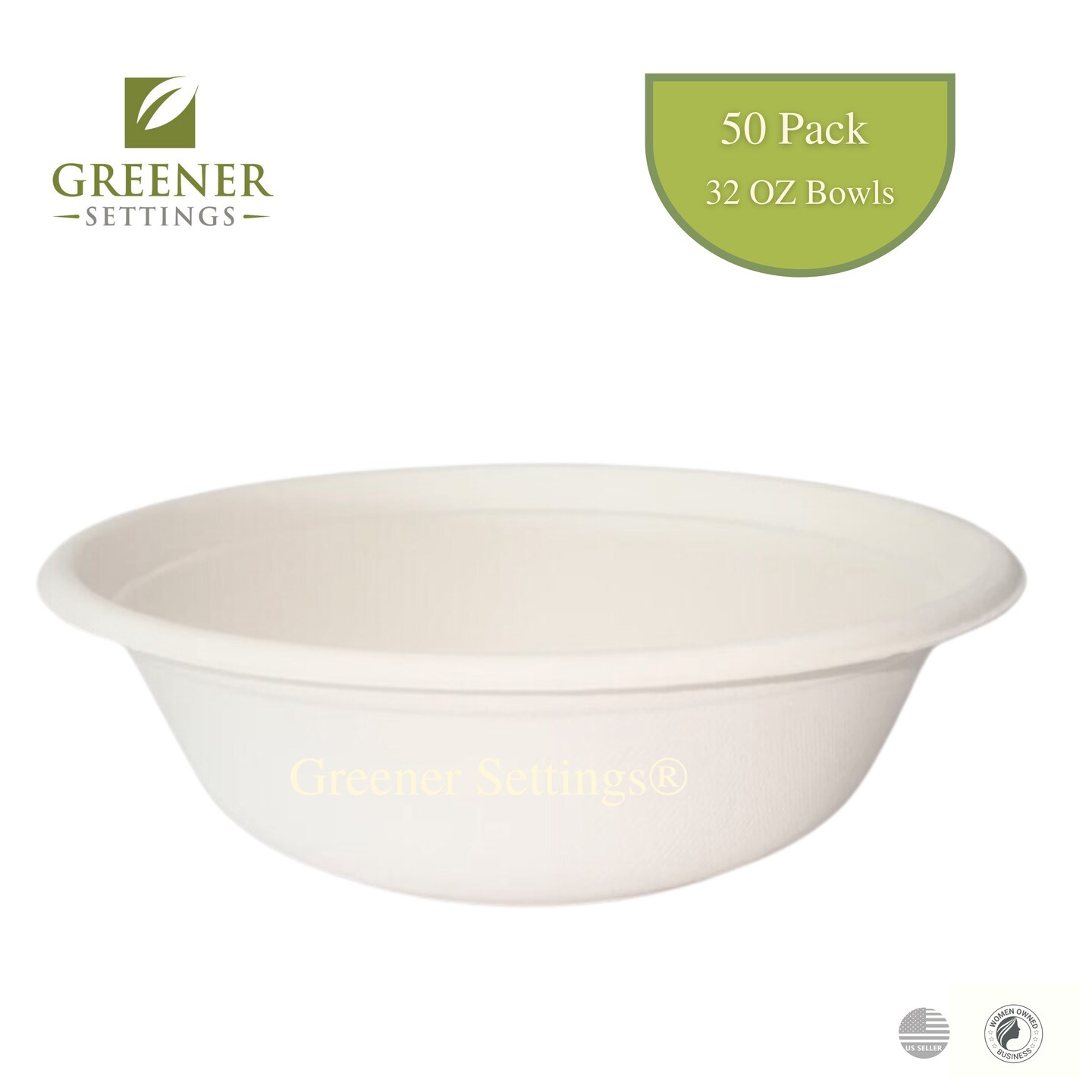 Greener Settings 32 oz Compostable Paper Bowls, 50-Pack &#x2013; Heavy-Duty Bagasse, Biodegradable, Microwavable, Freezer Safe, Leak-Resistant, Eco-Friendly for Hot and Cold Foods