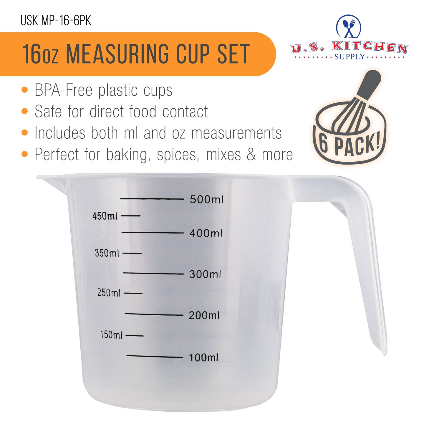U.S. Kitchen Supply&#xAE; - 16 oz (500 ml) Plastic Graduated Measuring Cups with Pitcher Handles (Pack of 6), 2 Cup Capacity, Ounce ML Markings Measure Mix