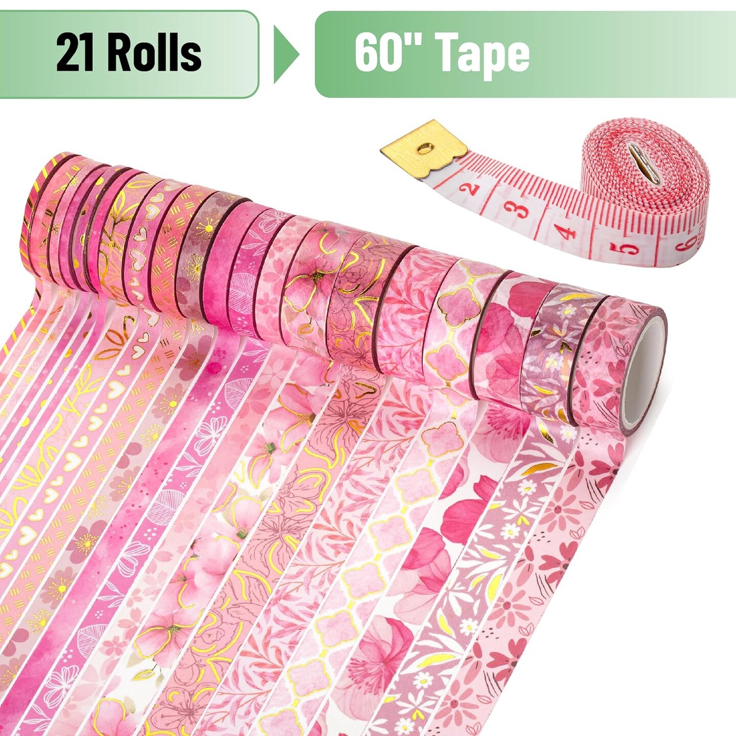 Washi Tape Set 21 Rolls, Assorted Sizes, 5.5 Yards Each, Decorative Craft & Journal Tape