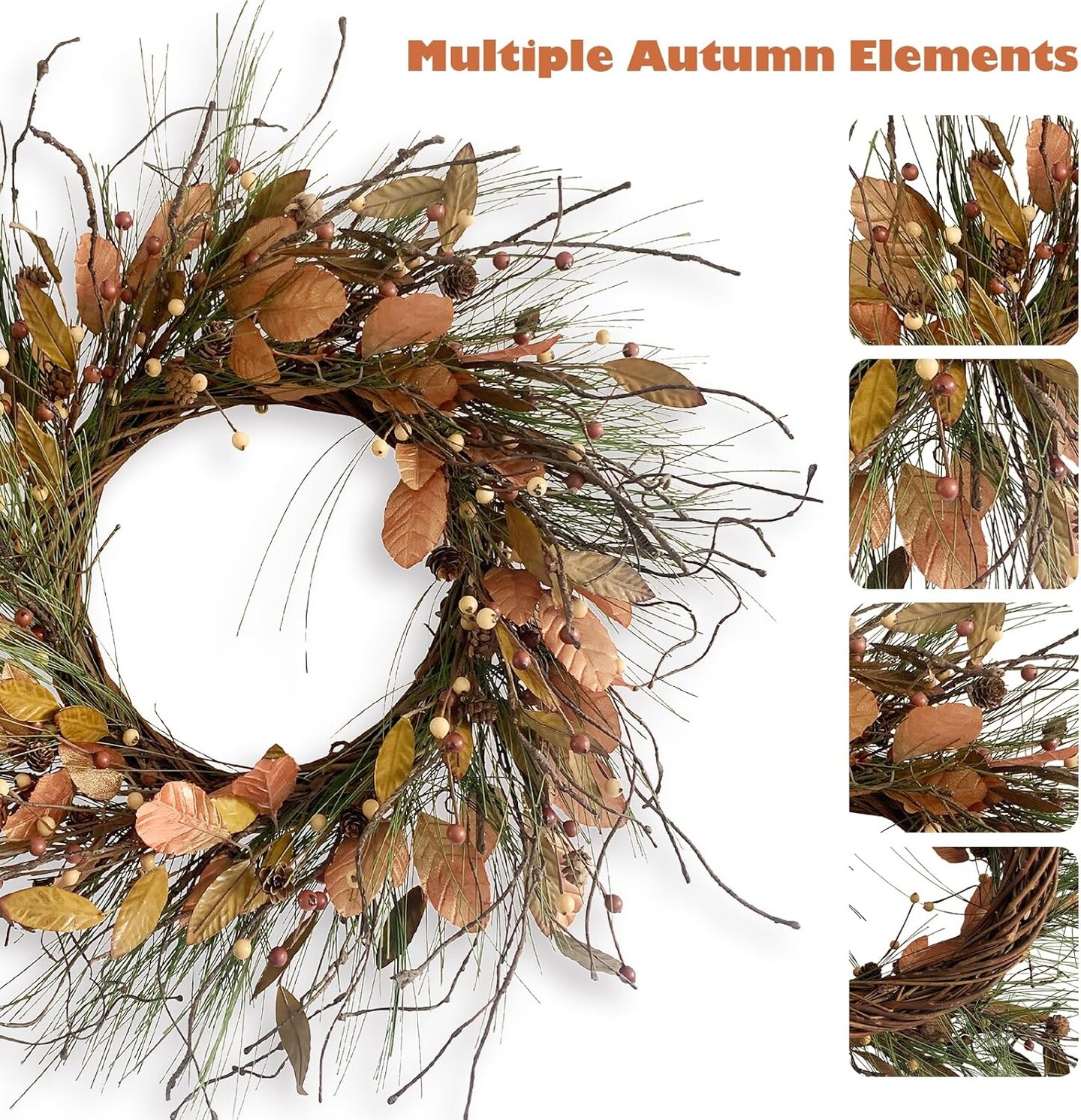 26 Inch Fall Wreath for Front Door Pip Berry Pinecone Autumn Wreath with Pine Needle(Pinecone Wih Dark Leaf)24&#x22;D x 24&#x22;W x 4&#x22;H