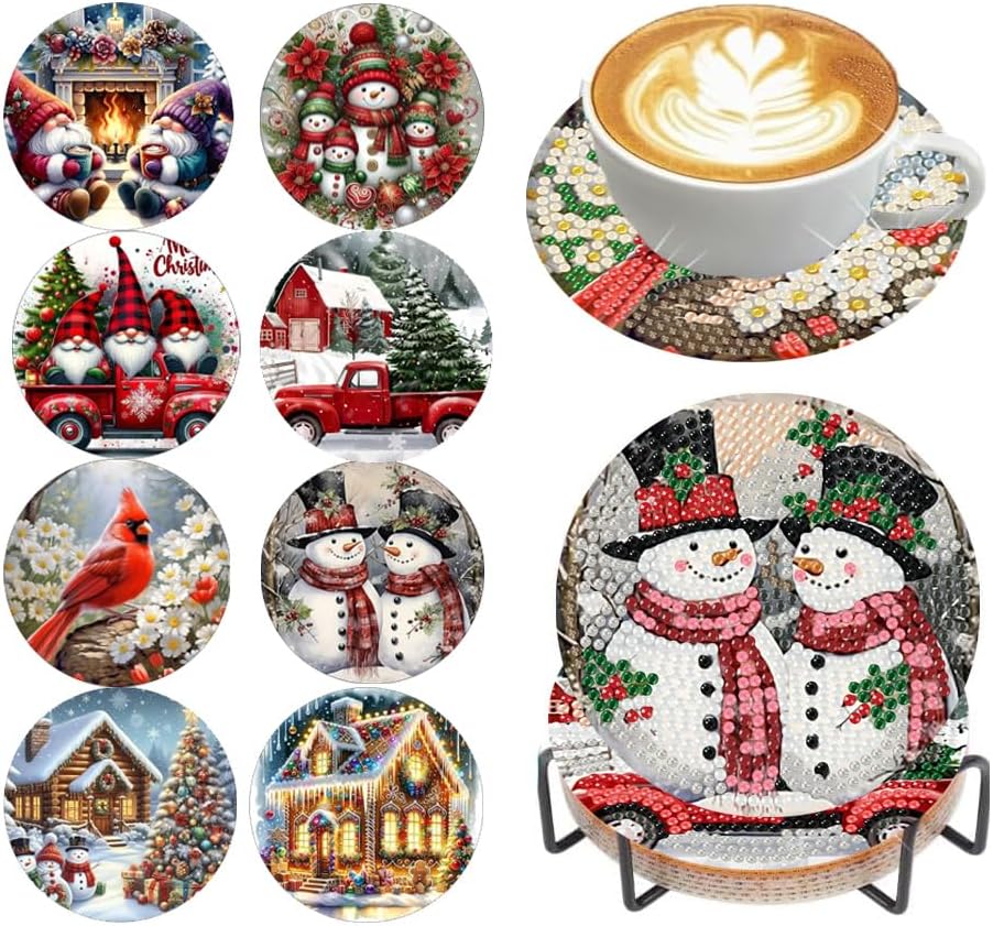 8 Pieces Christmas Diamond Painting Coasters Kits for Adults(Christmas)