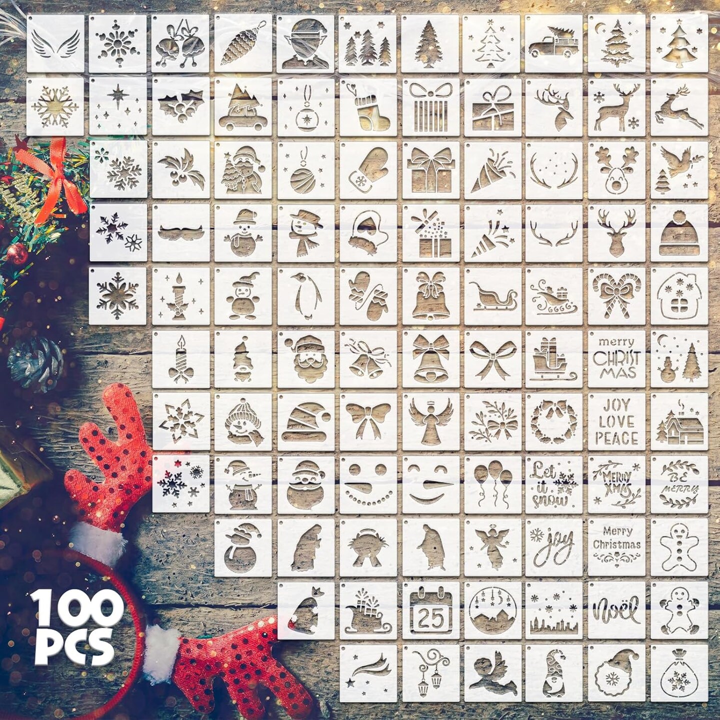 100 Pcs 2 Inch Christmas Stencils for Painting Crafts (Christmas) 2&#x22;L x 2&#x22;W