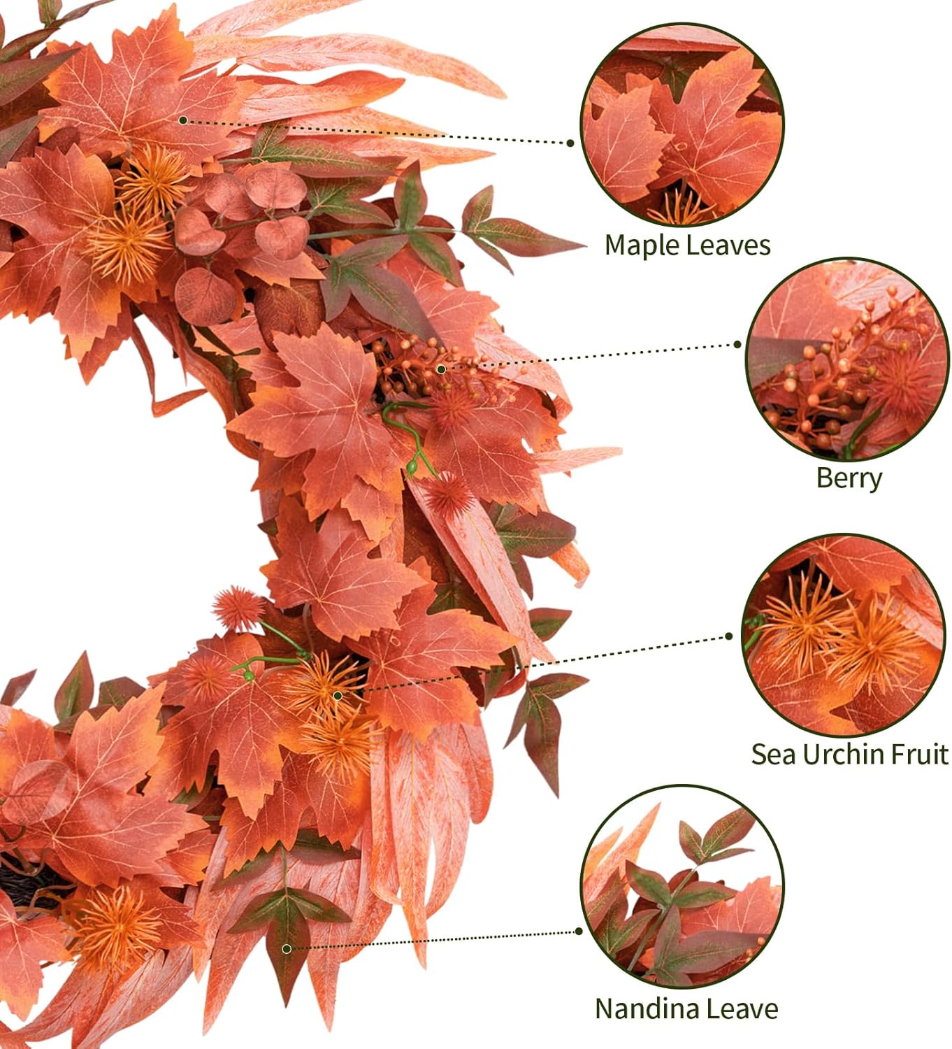 24 Inch Fall Wreath Artificial Pumpkin &#x26; Grain Decor - Handcrafted Harvest Thanksgiving Wreath