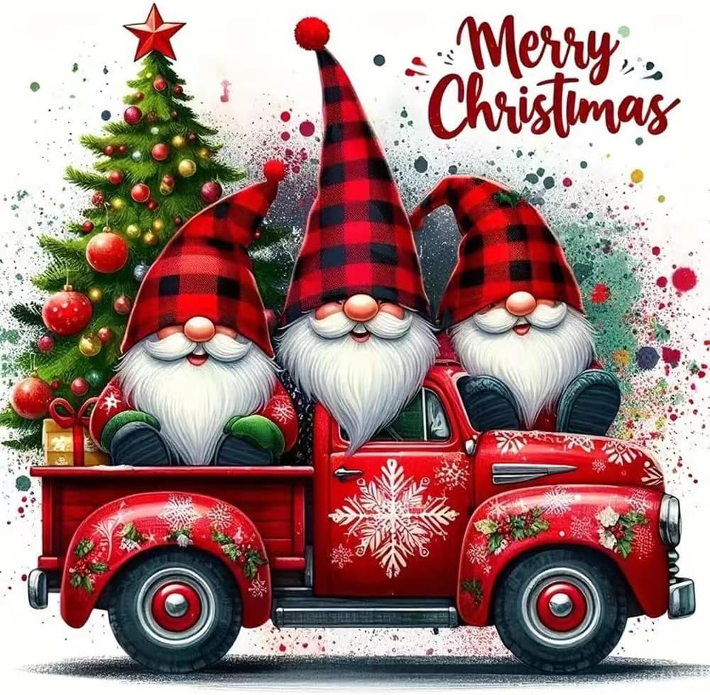 Merry Christmas Diamond Painting Kit for Adults – Red Car Gnomes 5D Full Round Drill Diamond Art, DIY Crystal Rhinestone Gem Craft for Beginners, Home Wall Decor & Gifts 12x12 Inch