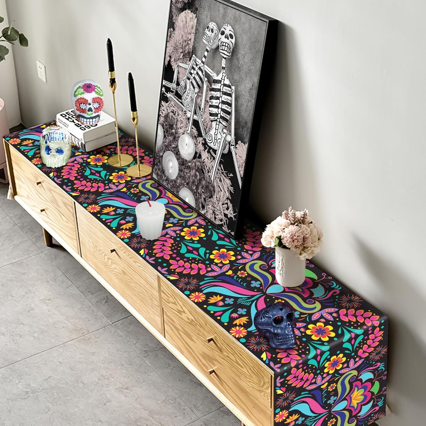 14 x 72 Inch Day of The Dead Table Runner(Black)