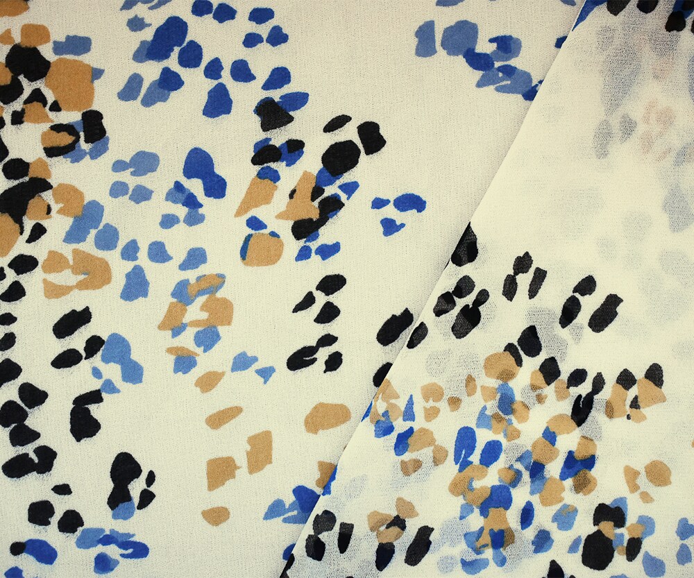 Ivory-Blue-Multi Abstract Spots Printed Poly Chiffon Woven Fabric By the Yard
