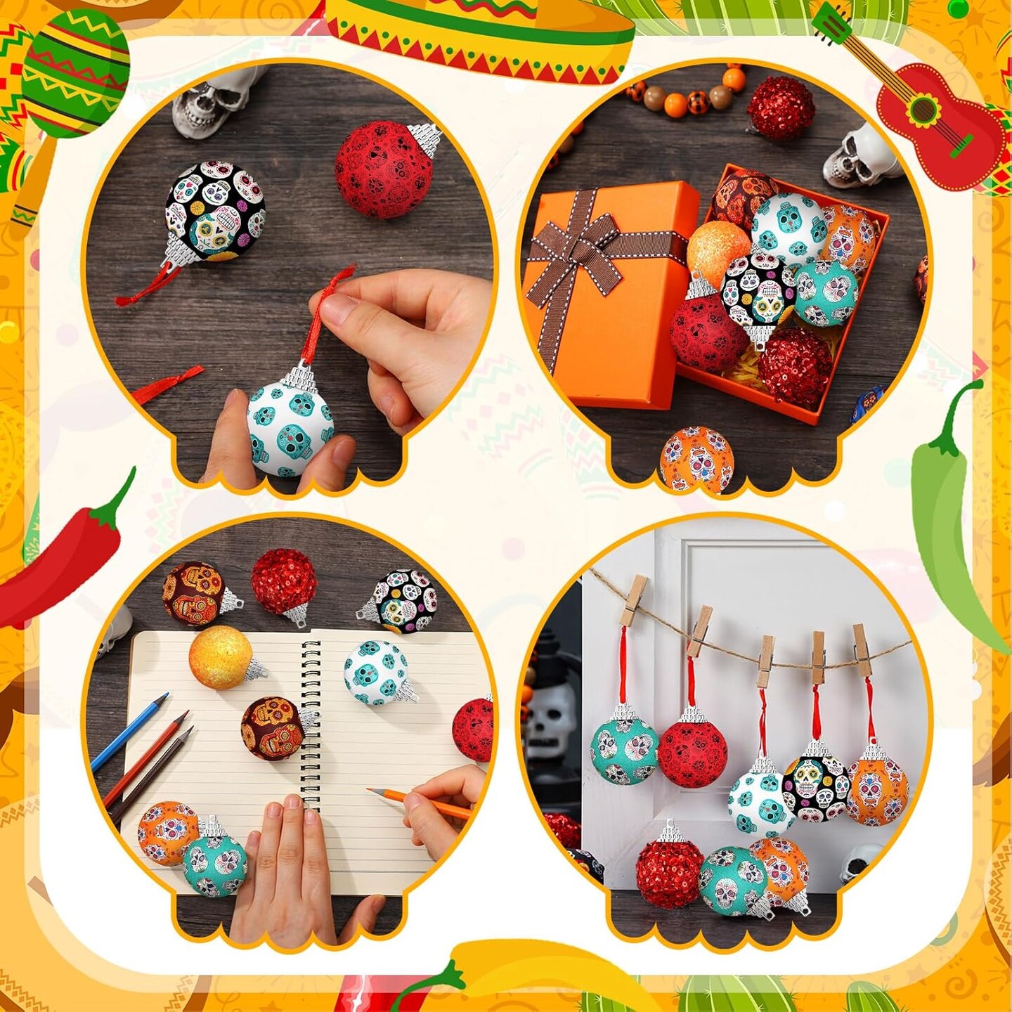 16 Pcs Day of The Dead Ball Ornaments Dia De Los Muertos Hanging Skull(Day of the Dead)