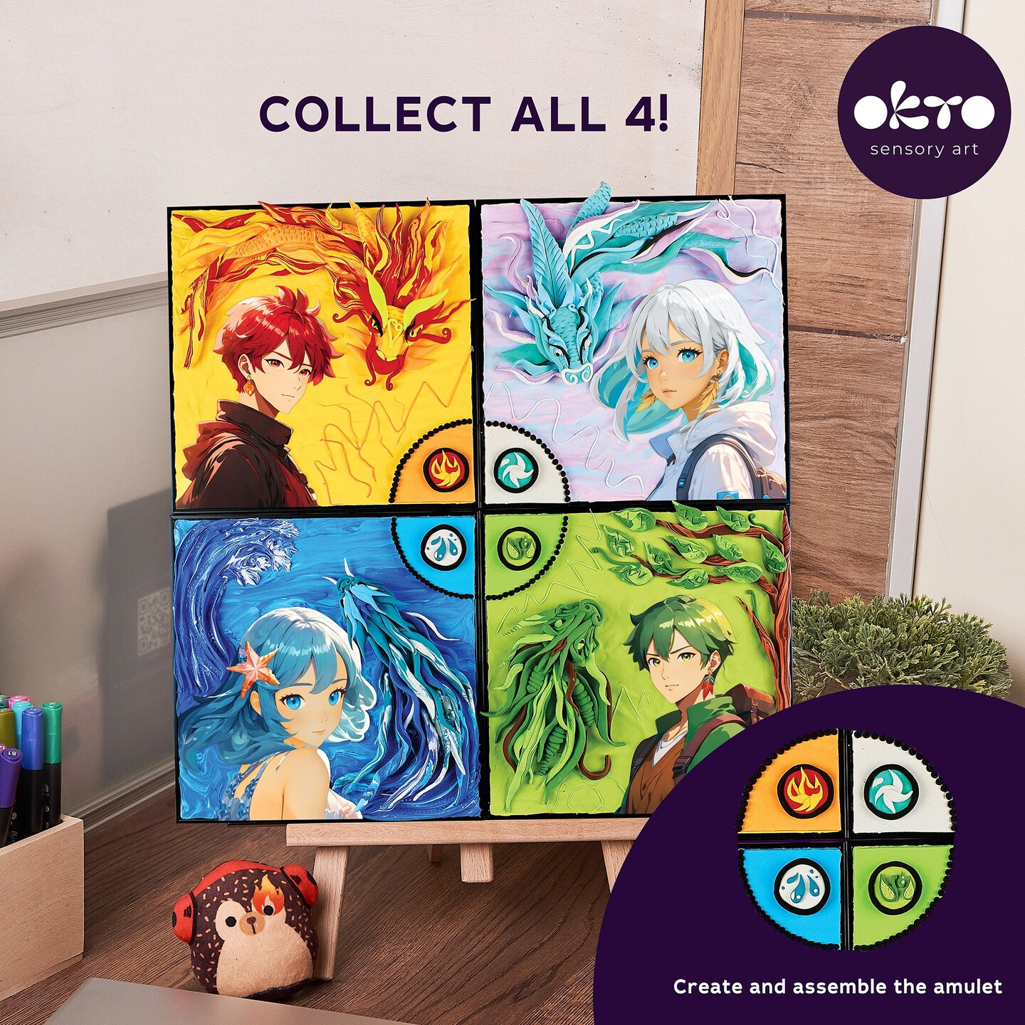 OKTO Manga Elements &#x2014; Fire &#x2014; 3D Clay Canvas Kit (11.8&#xD7;15.7 in) &#x2014; Ages 10+