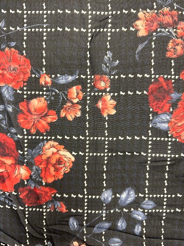 Red Floral Plaid Print Poly Chiffon Fabric By the Yard