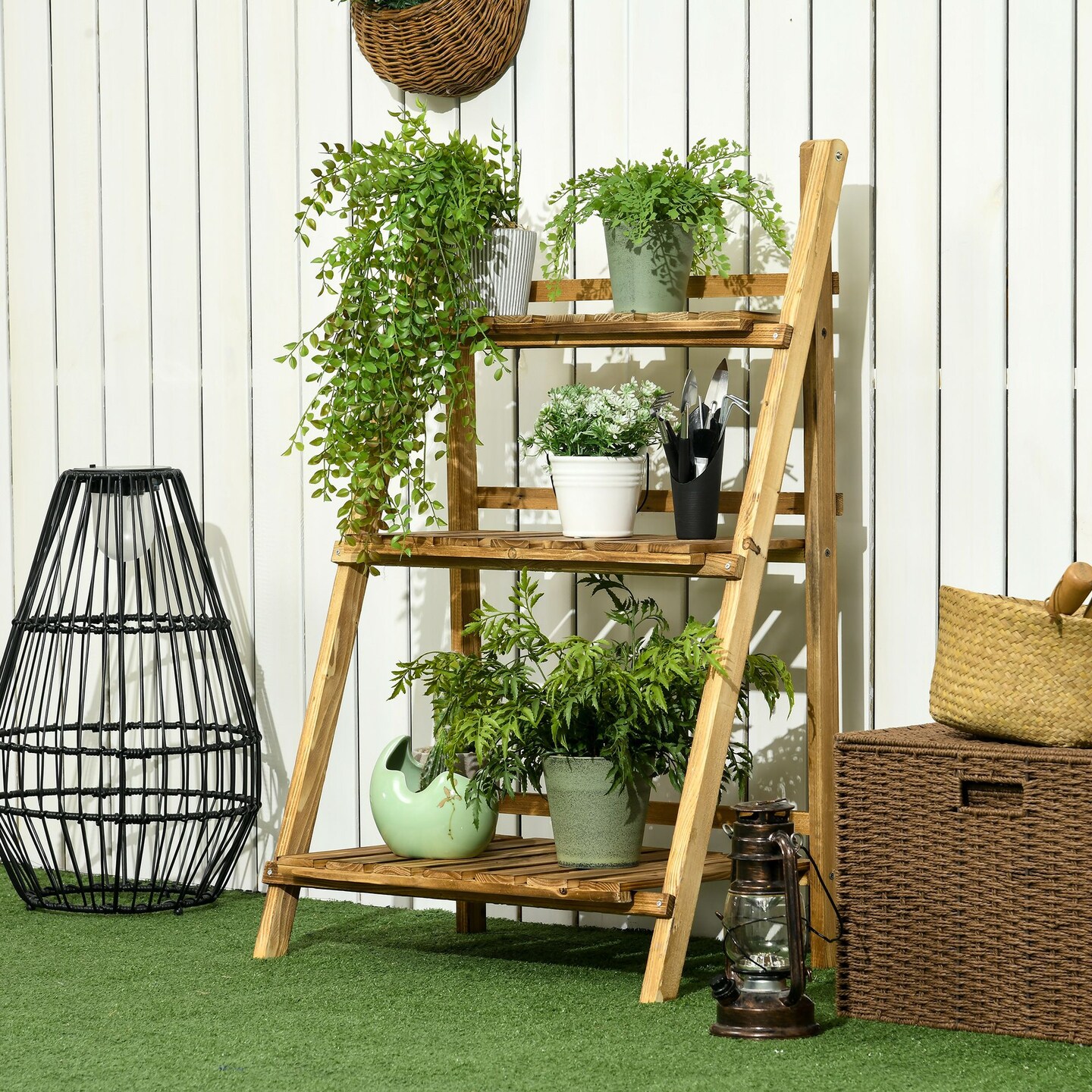 3-Tier Folding Plant Stand, 24&#x22; x 15&#x22; Wooden Indoor Plant Shelf Display Stand, for Corner Balcony Garden Patio