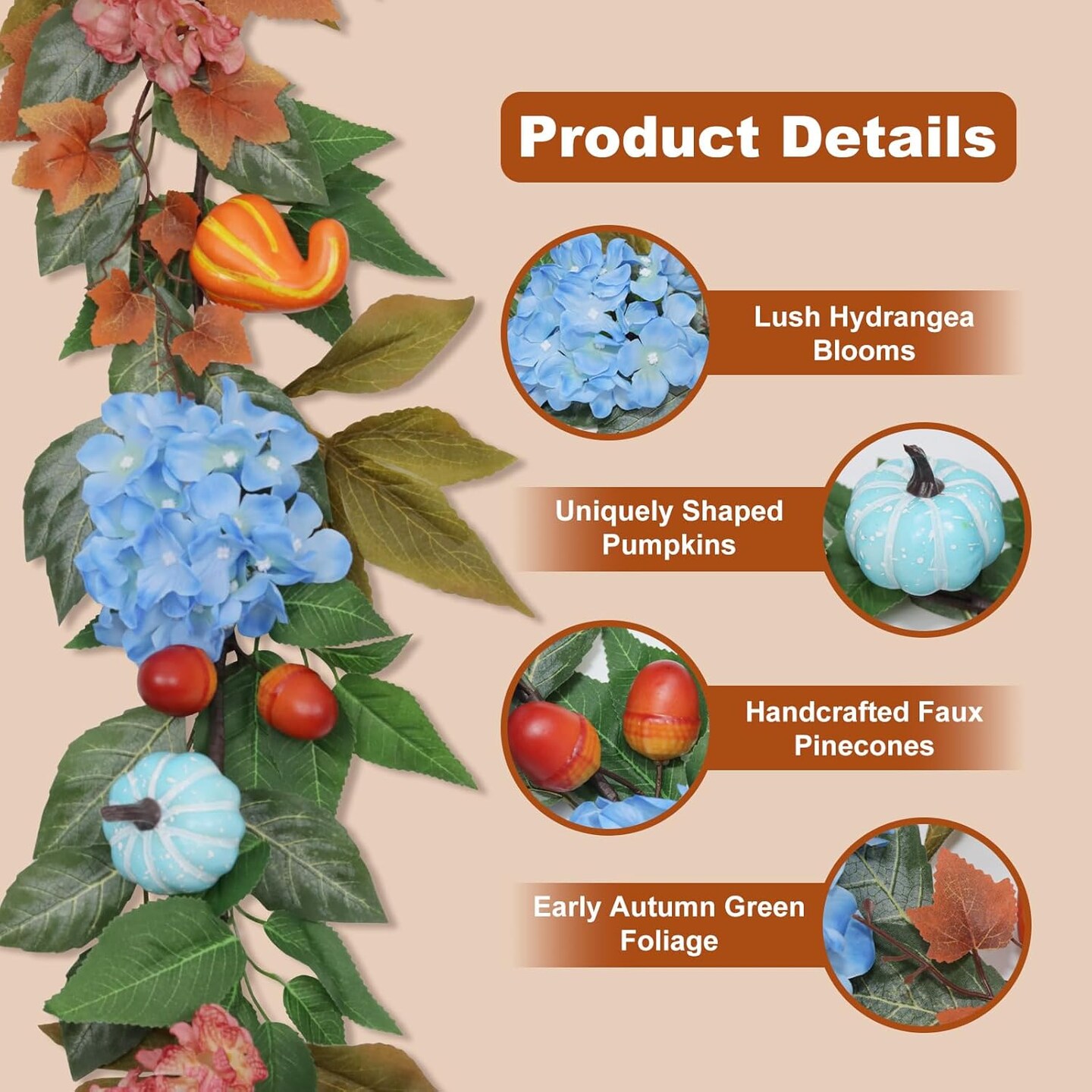 6ft Fall Hydrangea Garland with Blue Pumpkins &#x2013; Autumn Artificial Floral Pumpkin(11.26 x 9.69 x 4.69 inches)