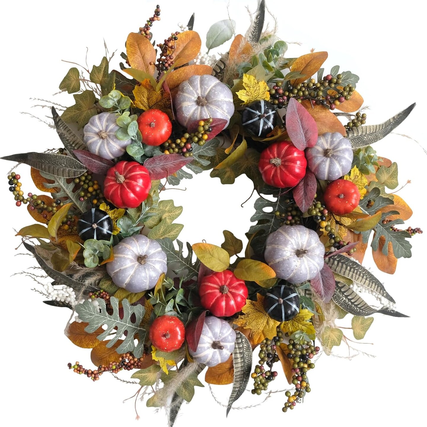 24 Inch Fall Wreath Artificial Pumpkin &#x26; Grain Decor - Handcrafted Harvest Thanksgiving Wreath