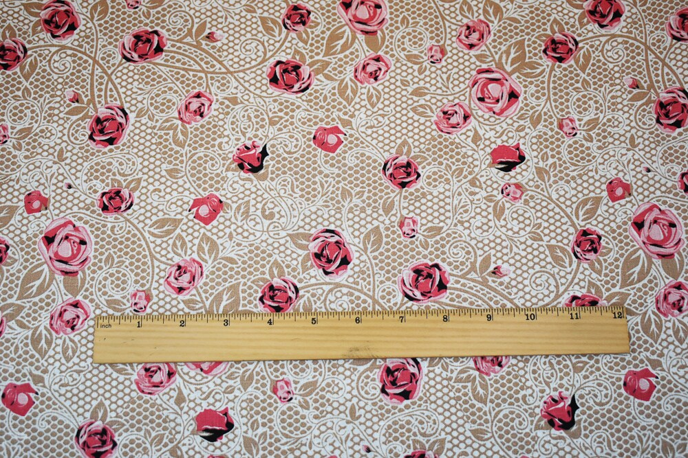 Pink-Beige-Multi Floral Mesh Pattern Printed Linen Woven Fabric By the Yard