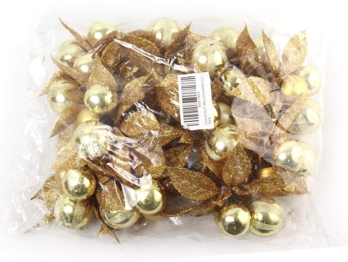 Set of 12: Sparkling Gold Glitter Poinsettia Picks with 3 Ornament Balls | Festive Accents | Christmas Picks | Party &#x26; Event | Home &#x26; Office Decor, 2024 Christmas Collection, Floral Home by Artificial Flowers