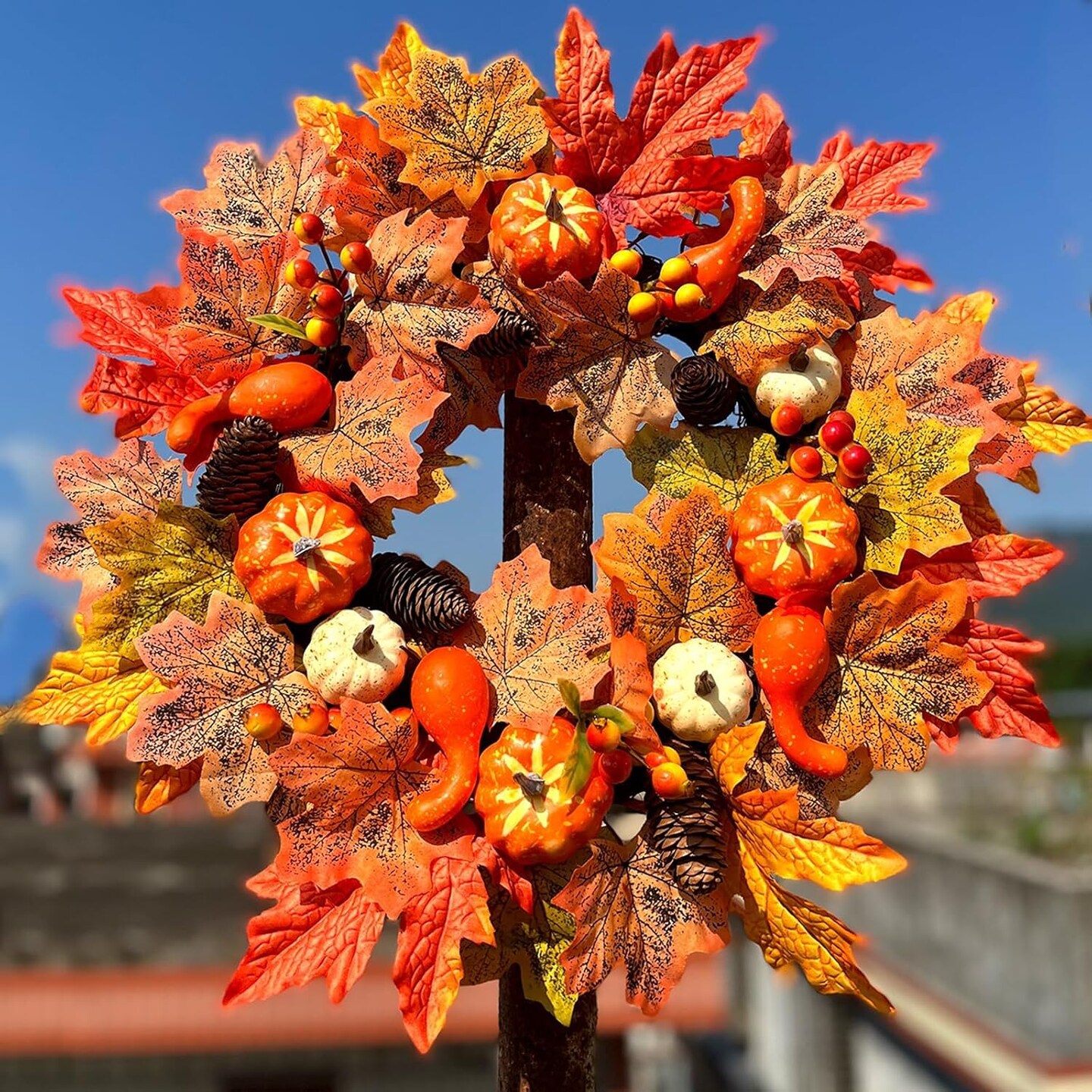 Fall Wreaths for Front Door, 18 Inch Fall Wreath with Berry, Maple Leaves and Pine Cone(Fall Wreaths)18&#x22;D x 13&#x22;W x 3&#x22;H