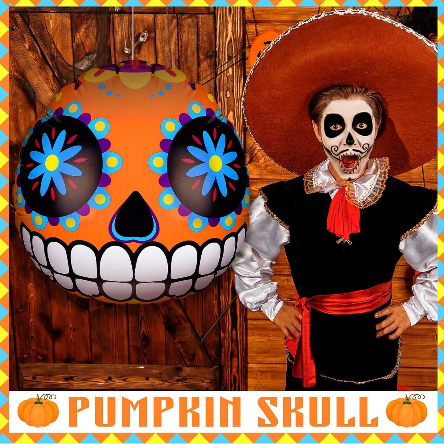 4 Pcs Day of The Dead Inflatable Pumpkin Sugar Skull Decor(bright white)