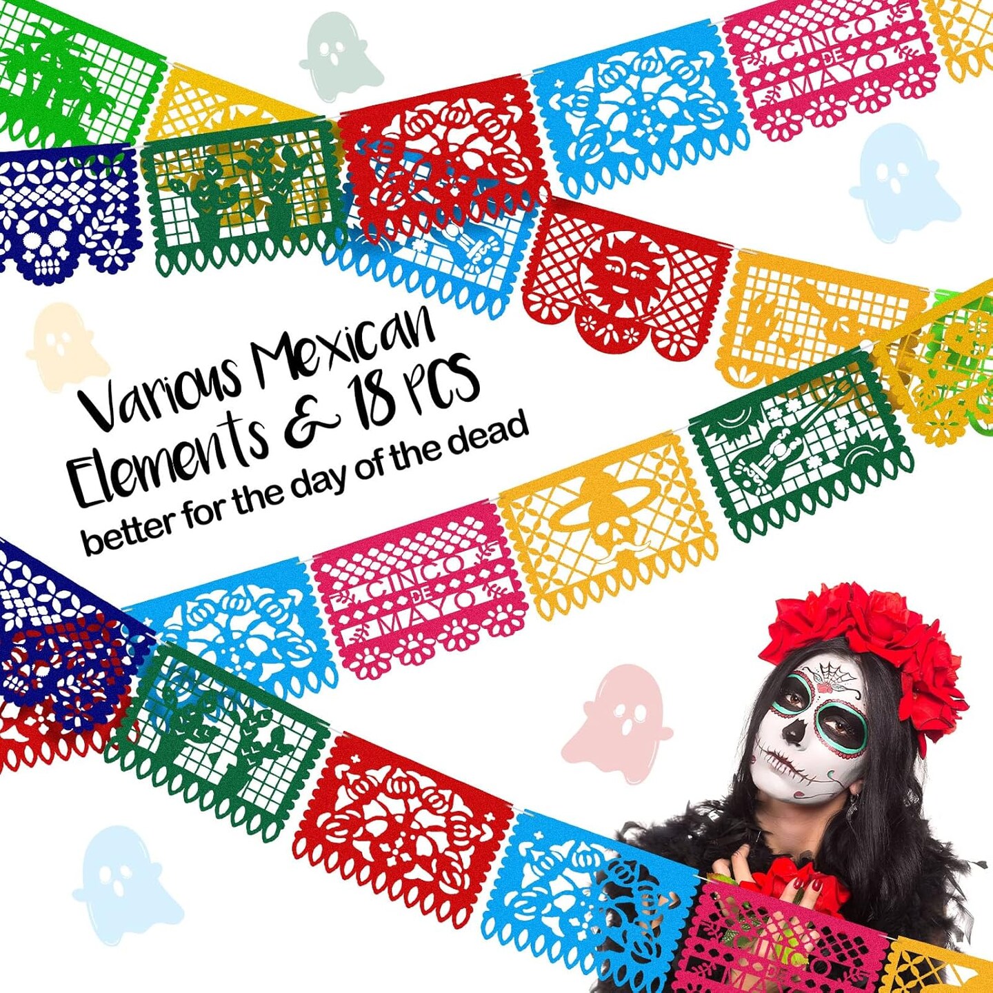 Day of The Dead Decor with 24 Pcs Monarch Butterfly 3 Artificial Marigold Flowers (Orange, Red, Green, Blue)