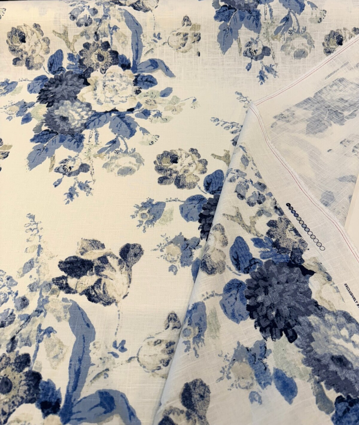 1 Yard Nora Chambray Blue Floral Linen Blend Upholstery Fabric 54 Inches Wide