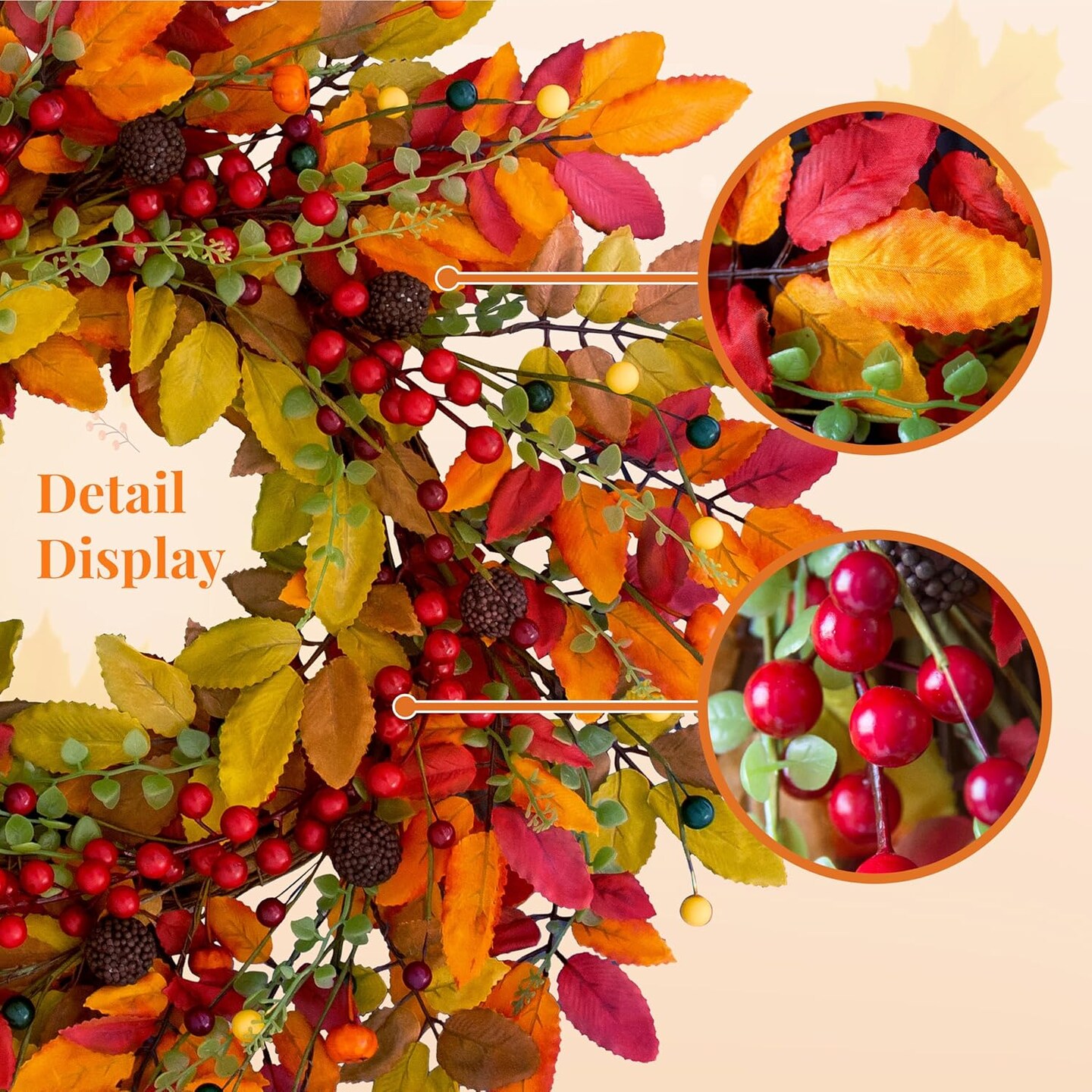 22&#x22; Berry Branches Fall Wreath with Colorful Leaves, Red Autumn Artificial Berries Wreath(Red, Yellow, Orange, Dark)13&#x22;D x 13&#x22;W x 3&#x22;H
