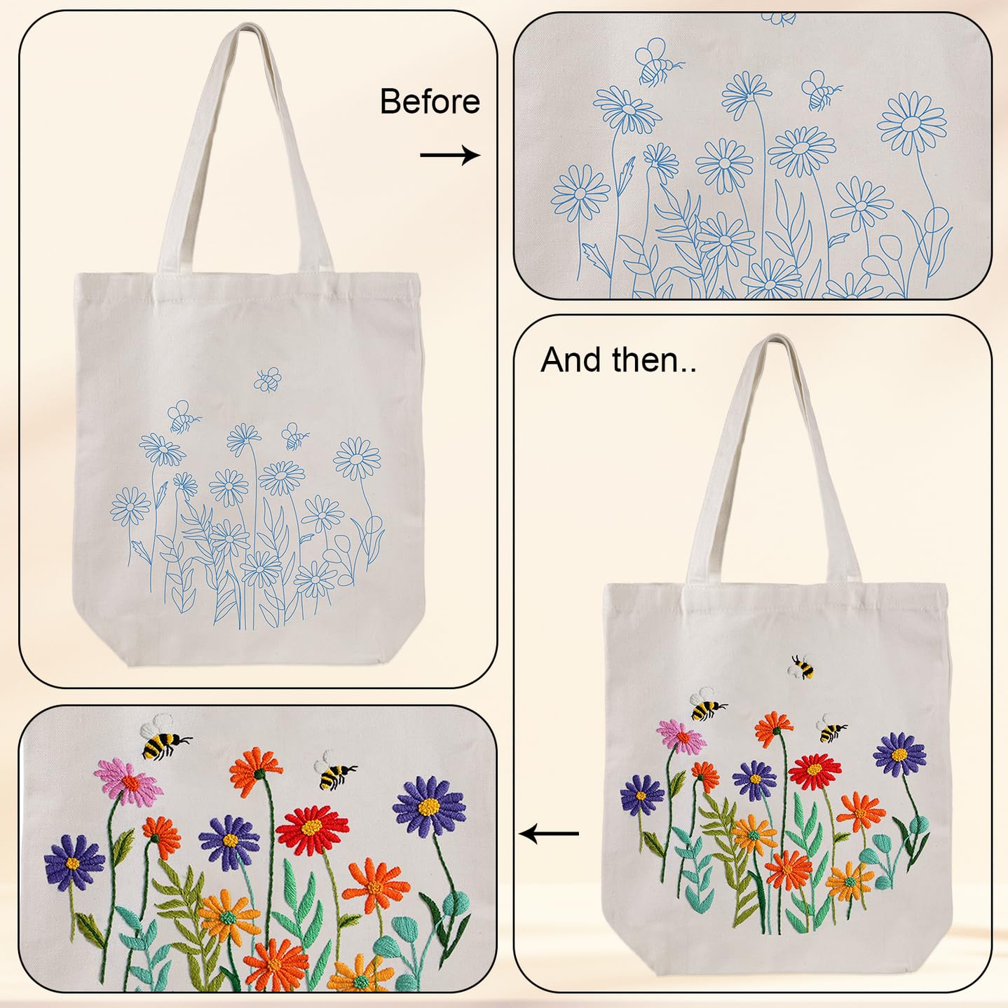 Canvas Tote Bag Embroidery Kit for Beginners,Cross Stitch Kits for Adults,Arts Crafts Needlepoint Women Shopping Reusable Grocery Bags