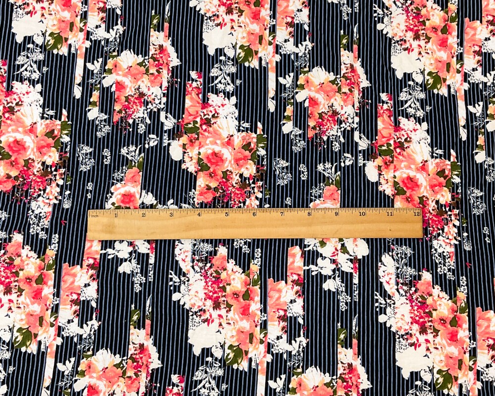 Black-Multi Rayon Spandex Floral Stripe Print Jersey Knit Fabric By the Yard