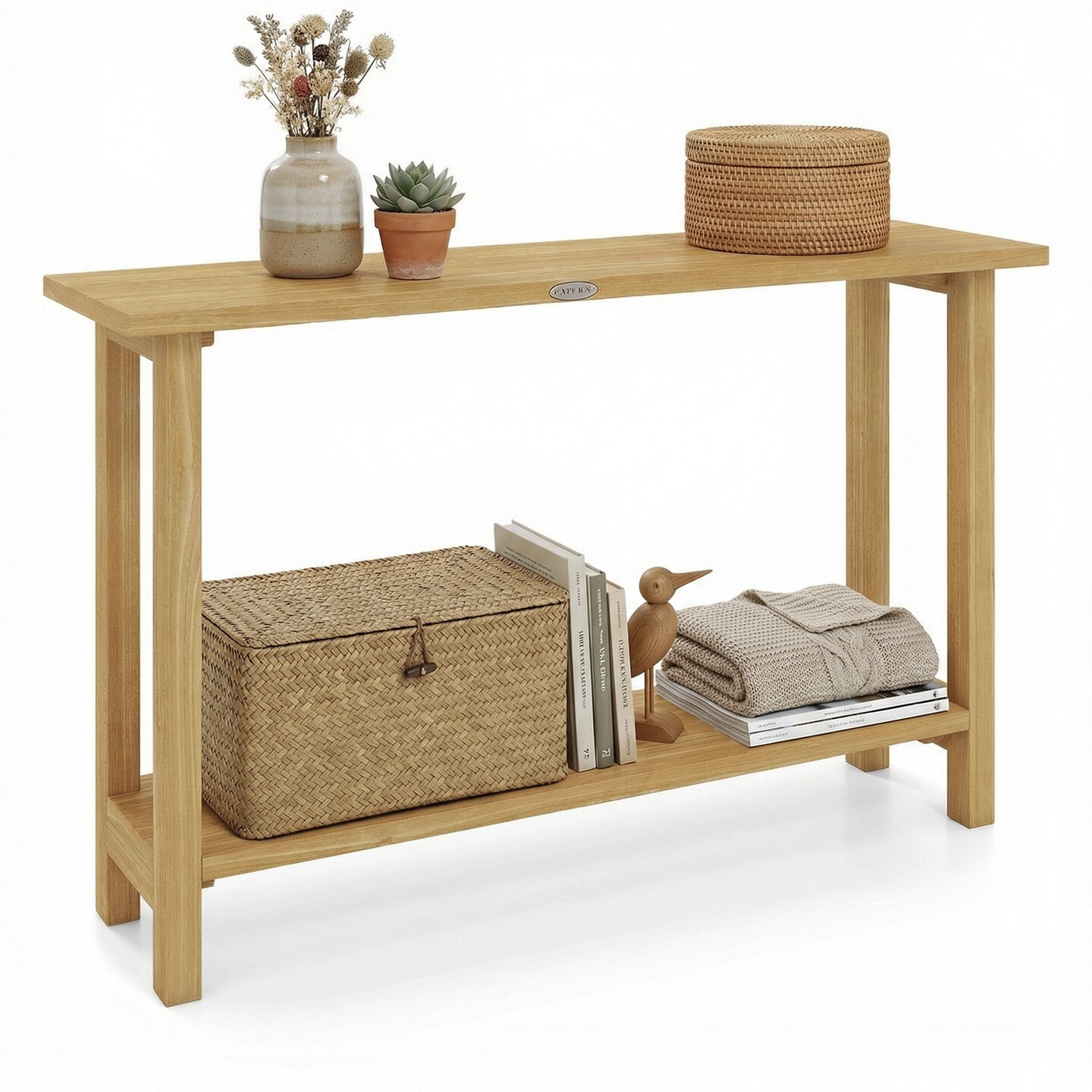Natural Teak Wood Console Table 47-Inch Solid Wood with Open Shelf