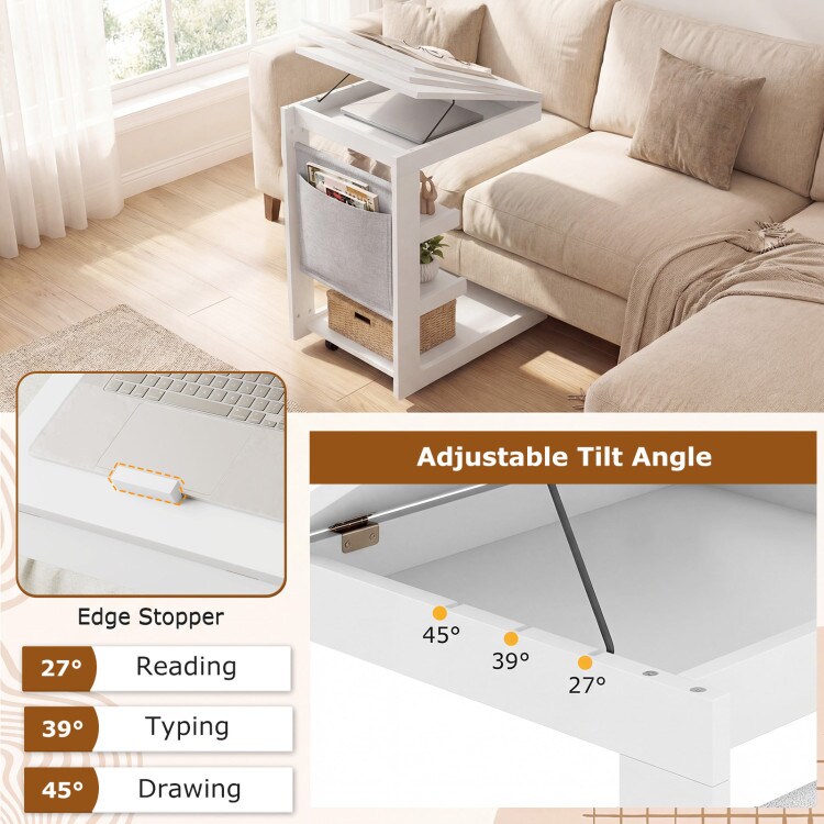 C-Shaped Rolling Table Tiltable Desktop 3 Shelves Hidden Compartment
