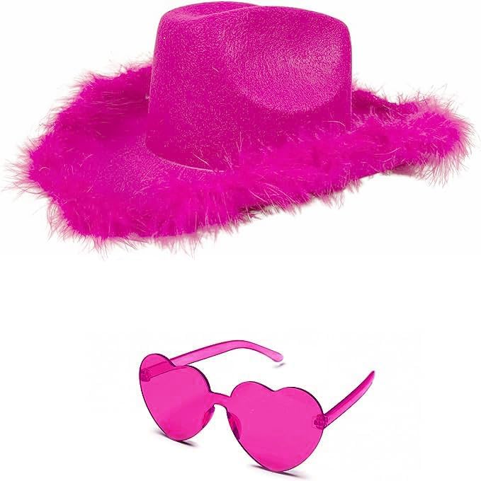 4E's Novelty Hot Pink Cowgirl Hat with Feathers & Heart Sunglasses – Cowboy Hat for Adults