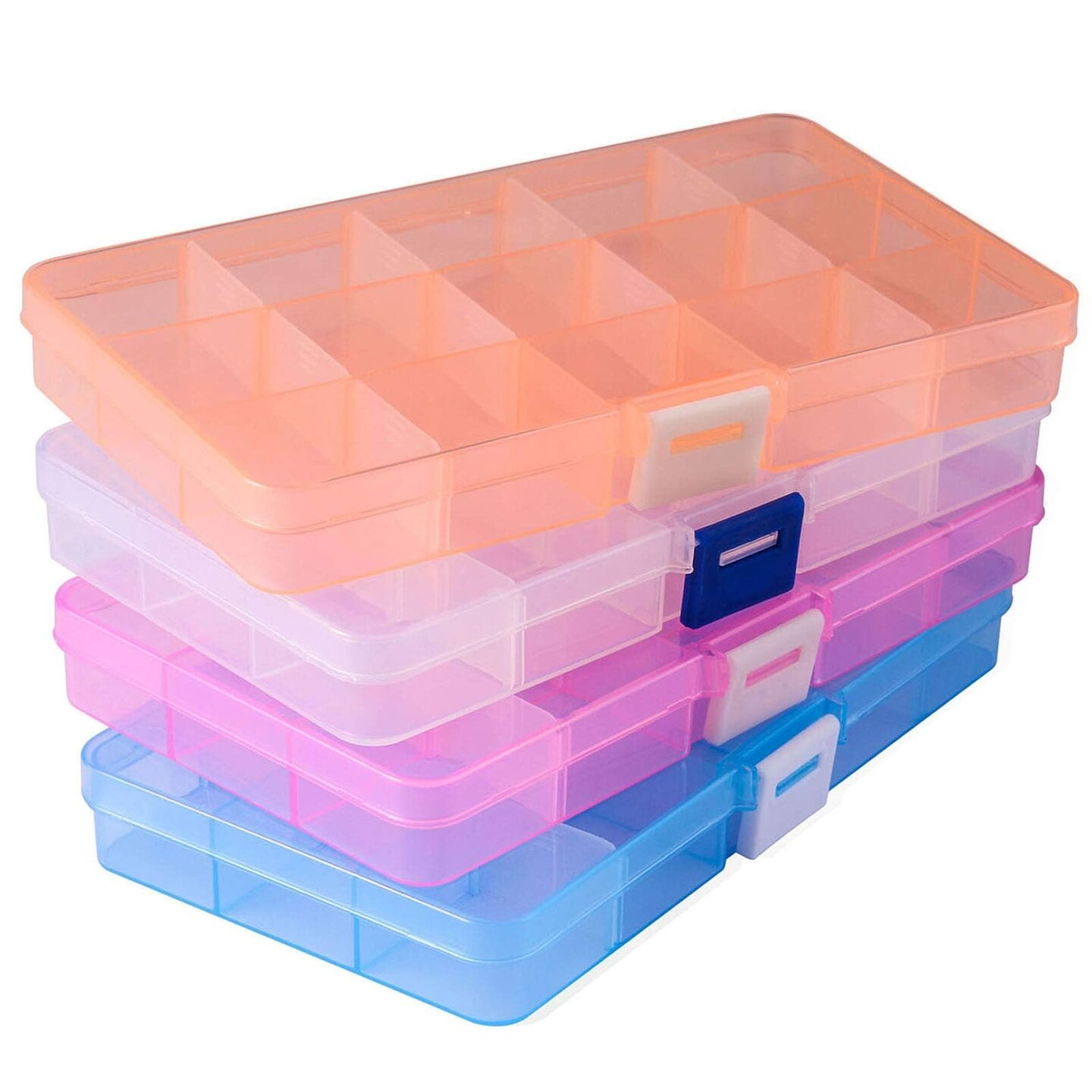 15 Girds Bead Organizer(4 Pack), Earring Organizer Box, SMALL Plastic Containers with Adjustable Dividers for Crafts Jewelry Screws Fishing Tackles Small Items, Size 6.9&#xD7;3.9&#xD7;0.9in