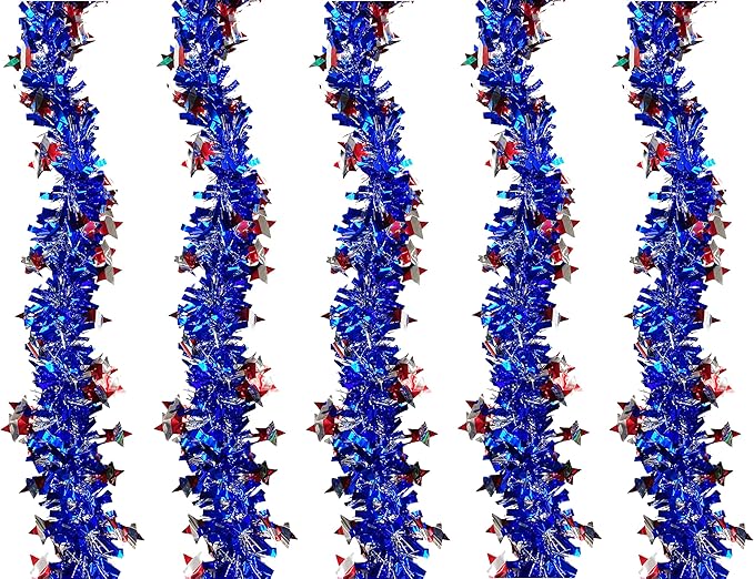 5pcs 33ft Independence Day Tinsel Garland Decoration, Striped Star Tinsel Garland for 4th of July Memorial Day,Patriotic Christmas Tree Decor(Red White and Blue)
