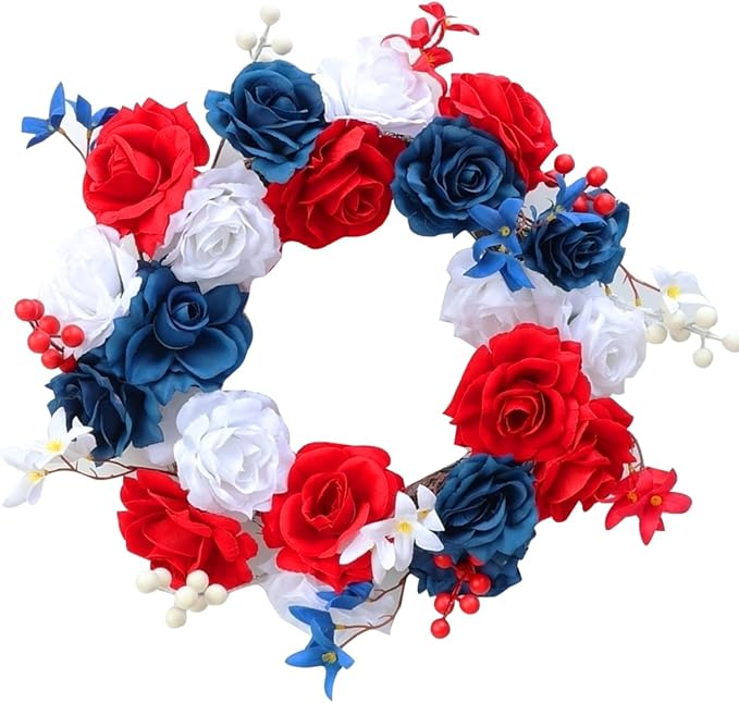 4th of July Wreath,18 Inches Patriotic Wreath for Front Door, Red White Blue Rose Flower Wreaths for American Independence Day Memorial Day Flag Day Indoor Outdoor Decor
