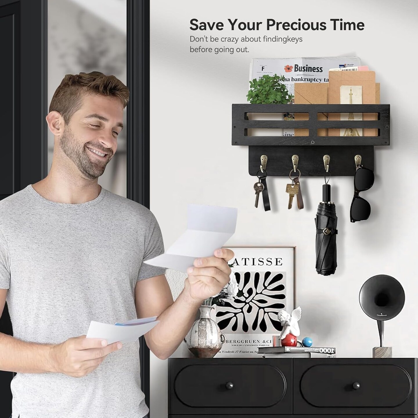 Key Holder Wall Mount Farmhouse Key Hooks for Wall with Mail Organizer Decorative Key Rack with 4 Sturdy Hooks for Dog Leash, Sunglasses, Rustic, Paulownia Key Hanger for Entryway, Blcak