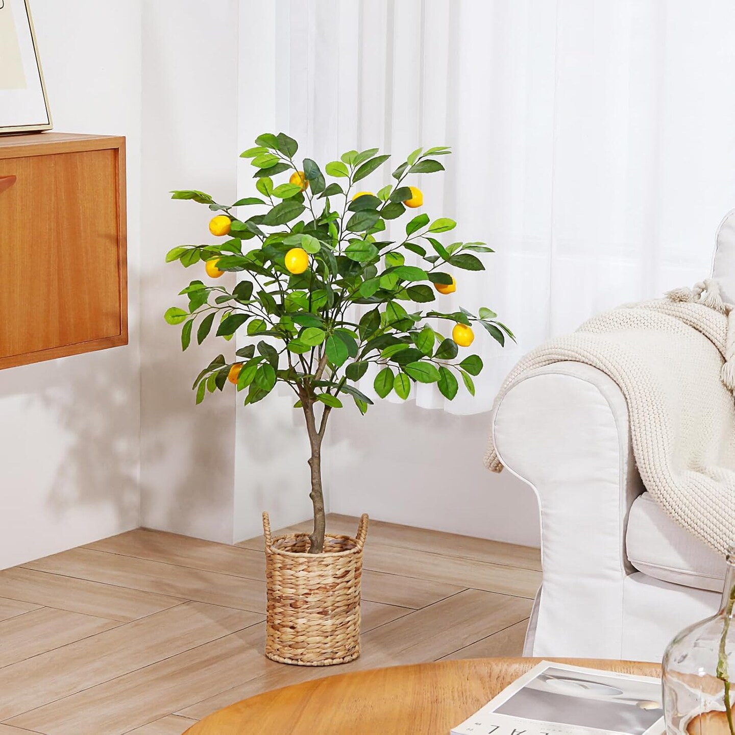 2 Pack Artificial Lemon Tree, 3 Feet Fake Lemon Plant, Pre Potted Faux Lemon Tree, Plastic Lemon Fruit Tree for Home Decor Living Room Office