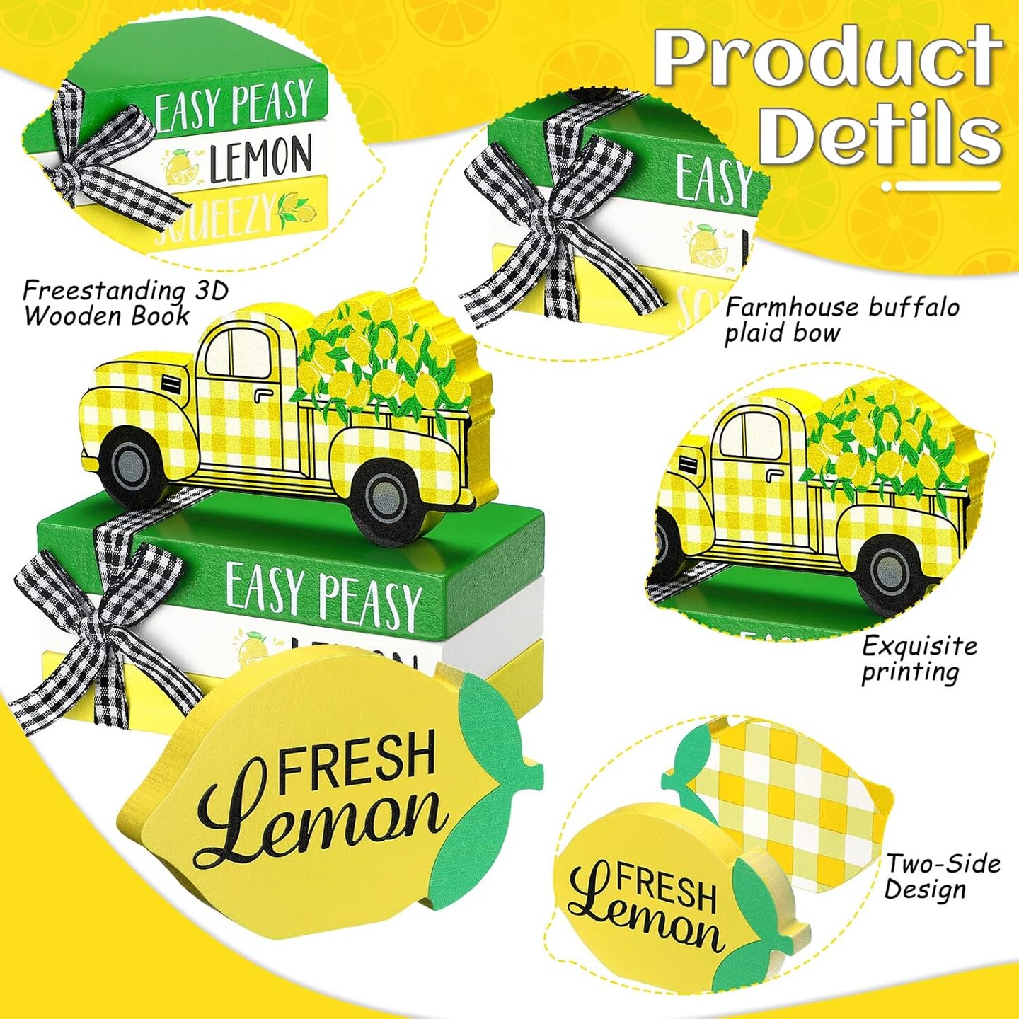 5-Piece Summer Lemon Table Decor Set – Mini Wooden Book Stack with Twine & Wood Truck Sign for Kitchen, Shelf, Tabletop, and Tiered Tray Centerpieces