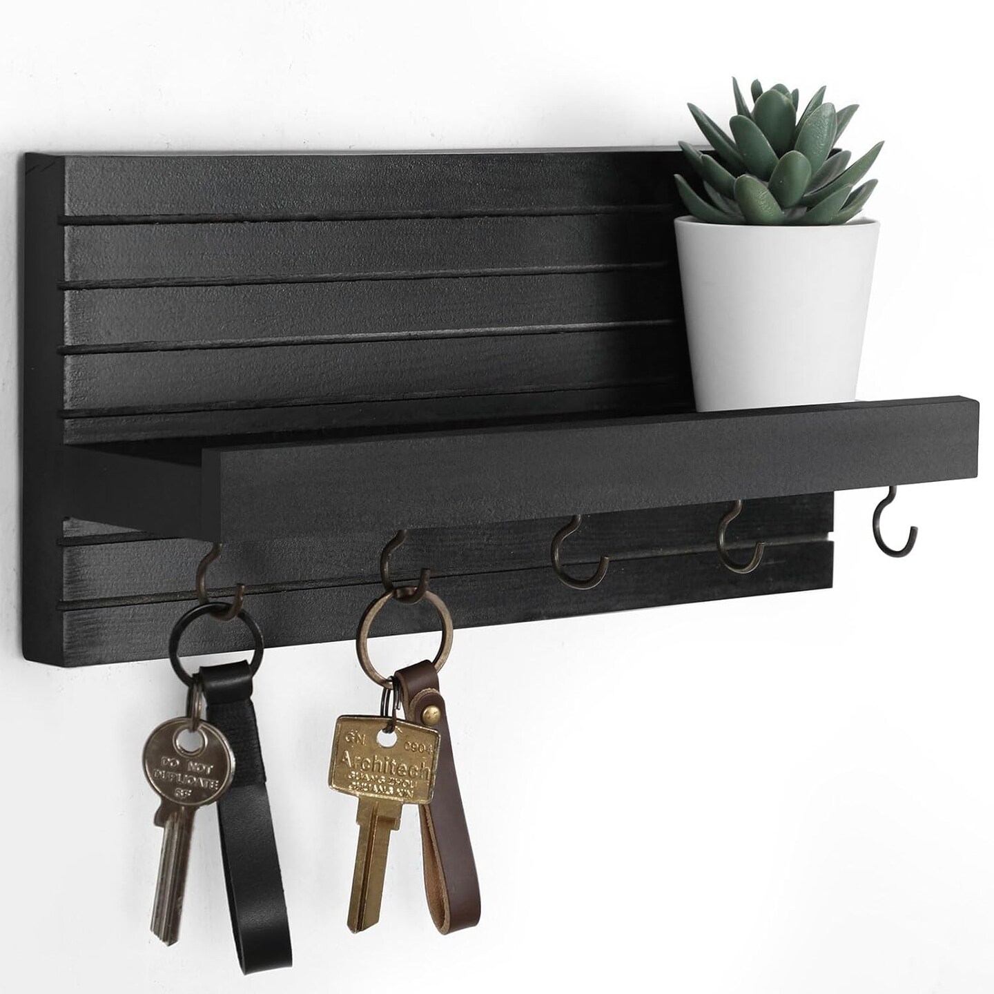 Decorative Wall Key Holder with Shelf – Medium Black Entryway Organizer with Hooks for Keys, Leashes, Jackets, and Glasses, Sturdy Wooden Hanger with Mounting Hardware