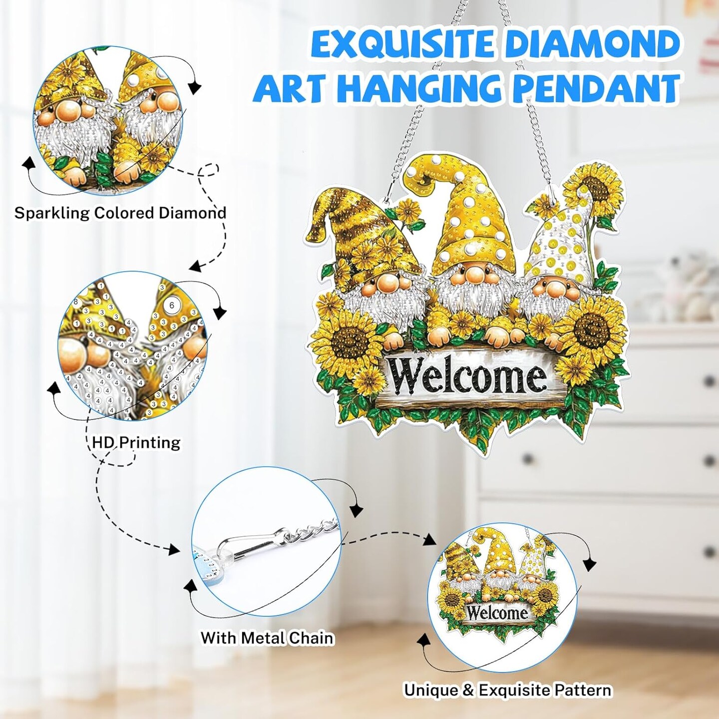 5D Gnome Diamond Art Hanging Kit &#x2013; DIY Welcome Sign Ornament for Home &#x26; Garden Decor