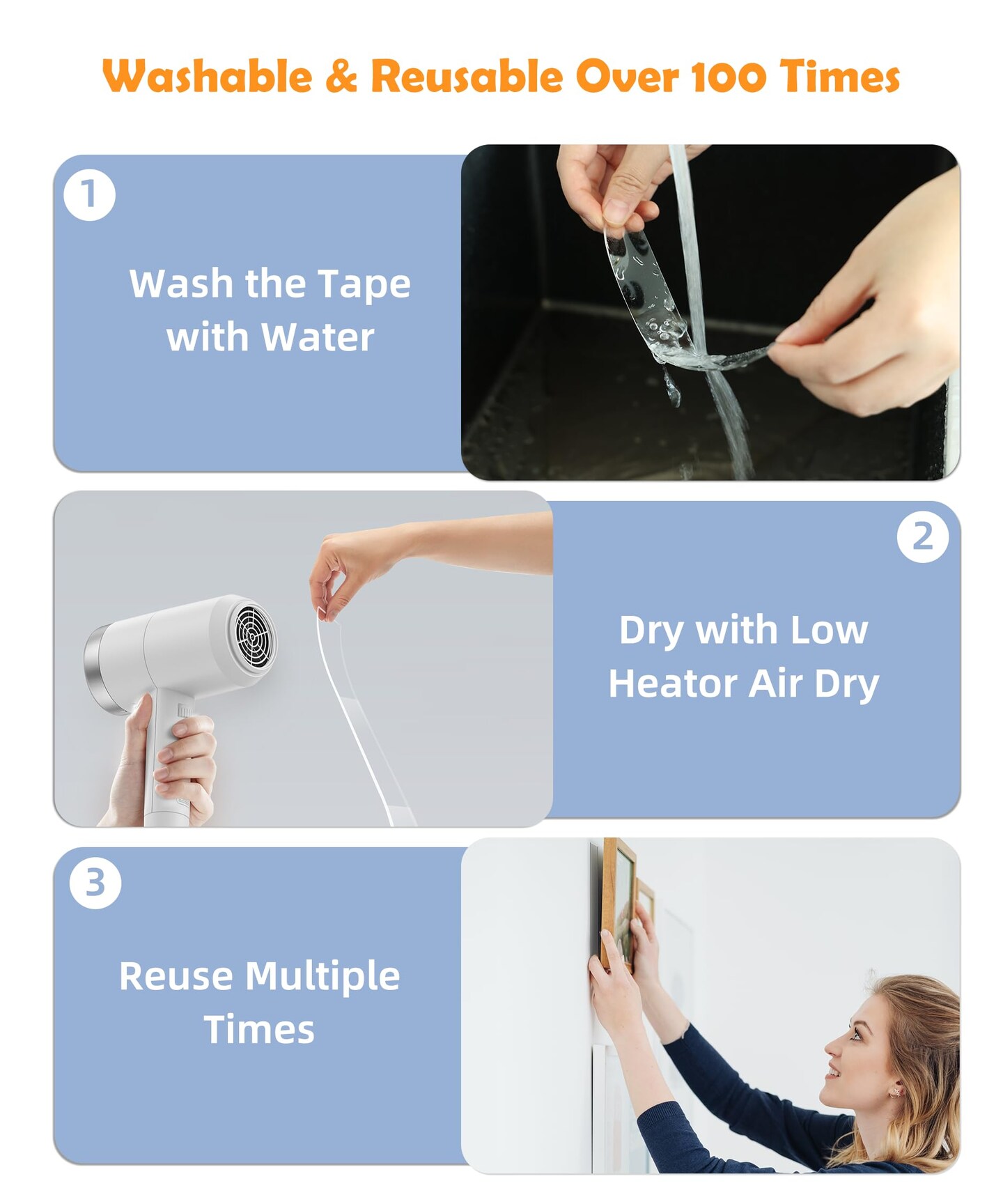 2 Rolls Double Sided Tape Heavy Duty - 240&#x22; x 1.0&#x22; &#x26; 0.5&#x22; - Removable Mounting Tape for Poster Picture Hanging Carpet Strip Rug Wall Outdoor - Clear &#x26; Strong Nano Tape Adhesive Multipurpose - 20 Feet