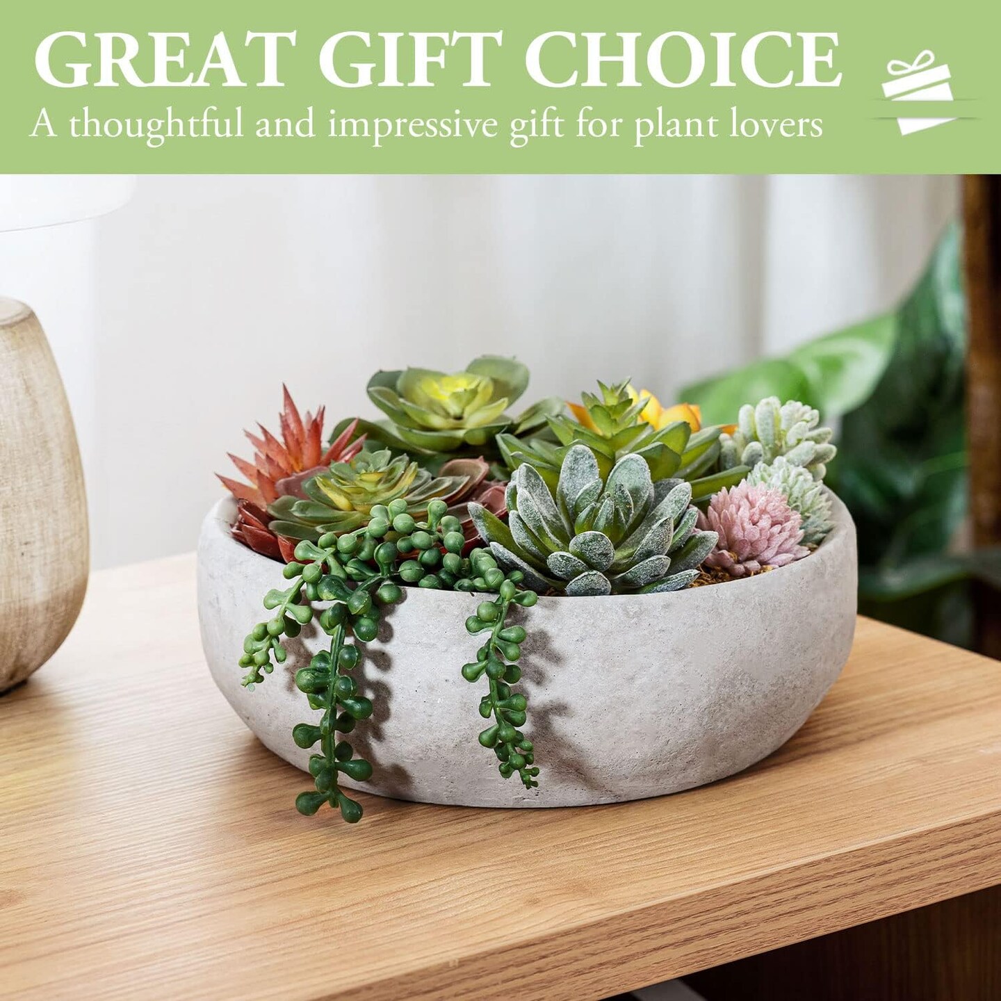 8-Inch Round Modern Artificial Succulent Arrangement in Gray Concrete Bowl – Assorted Faux Mini Succulents Displayed in a Stylish Decorative Planter Pot