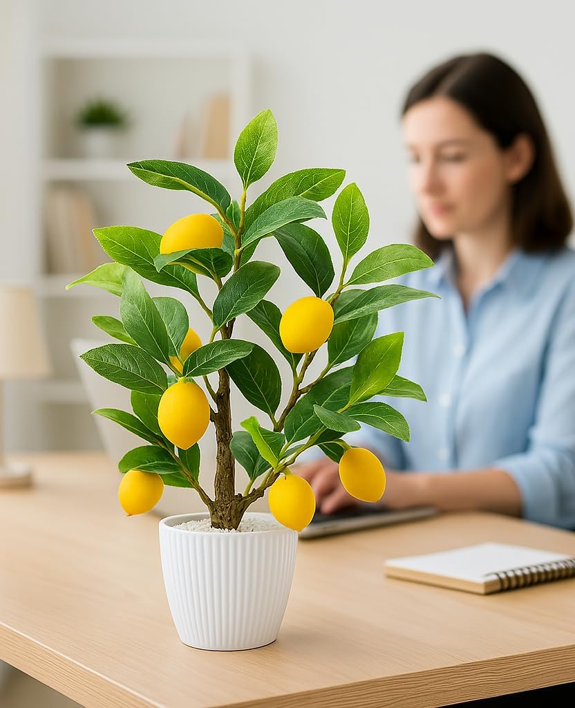 Artificial Lemon Tree with White Pot – 18” Lifelike Faux Citrus Plant for Kitchen, Bathroom, Office, or Shelf Décor, Adding a Vibrant, Year-Round Touch to Any Home or Gift Setting
