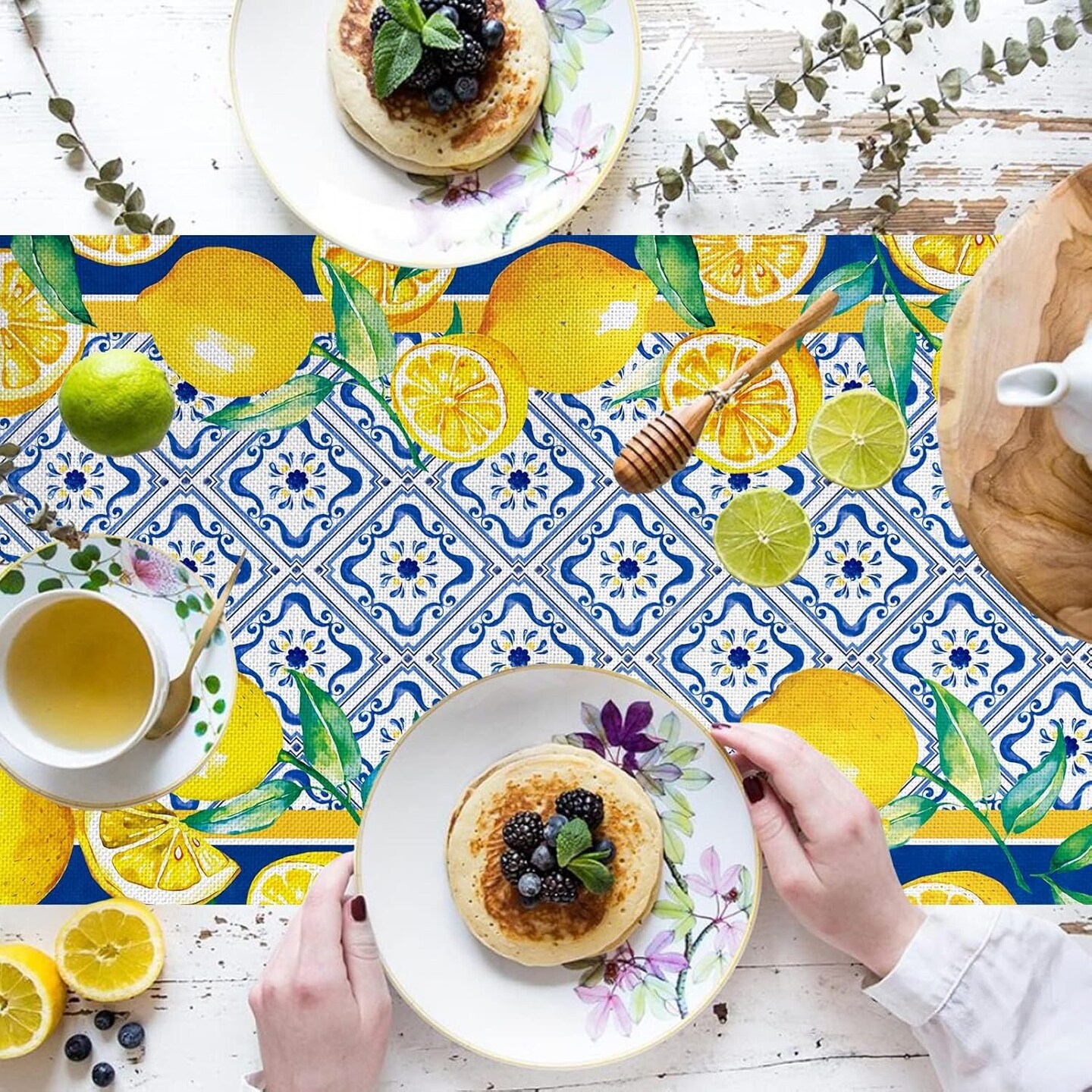 Capri Blue Lemon Table Runner – Italian Tile Pattern, Burlap Fabric, Artificial Yellow Lemon Fruit, Farmhouse Dining Table Decor, Coffee Table Centerpiece, Indoor/Outdoor Kitchen & Patio, 13x72 Inch