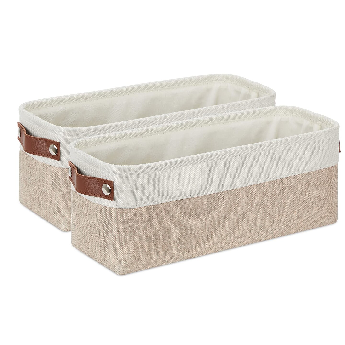 2-Pack Bathroom Baskets for Toilet, Small Storage Bins for Organizing Closets, Cabinets, Shelves, Canvas Fabric Storage Basket Bins With Leather Handles for Empty Gift Basket (White&#x26;Khaki)