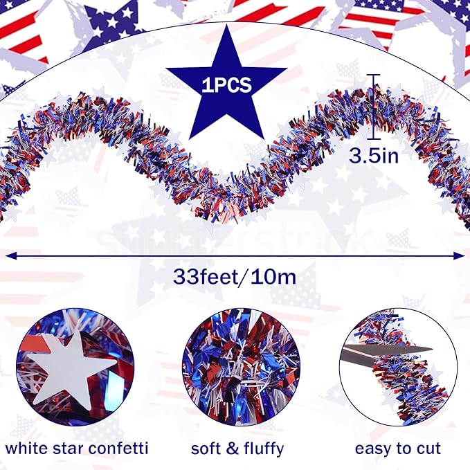 33FT 4th of July Garland, Red White and Blue Patrioic Star Metallic Tinsel Garland for Independence Day, Memorial Day and Veterans Day Decorations