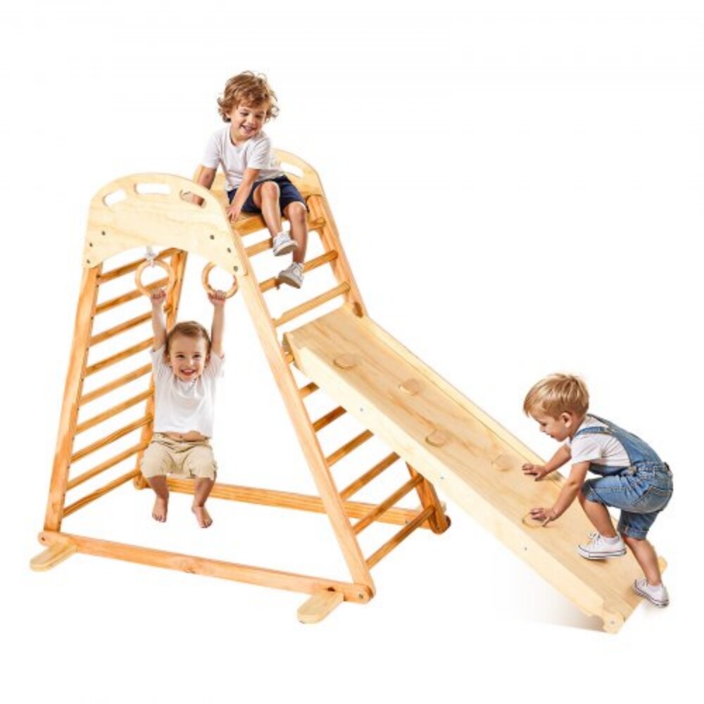 Burlywood Pine Wood 4-in-1 Indoor Playground Jungle Gym with Slide and Rings