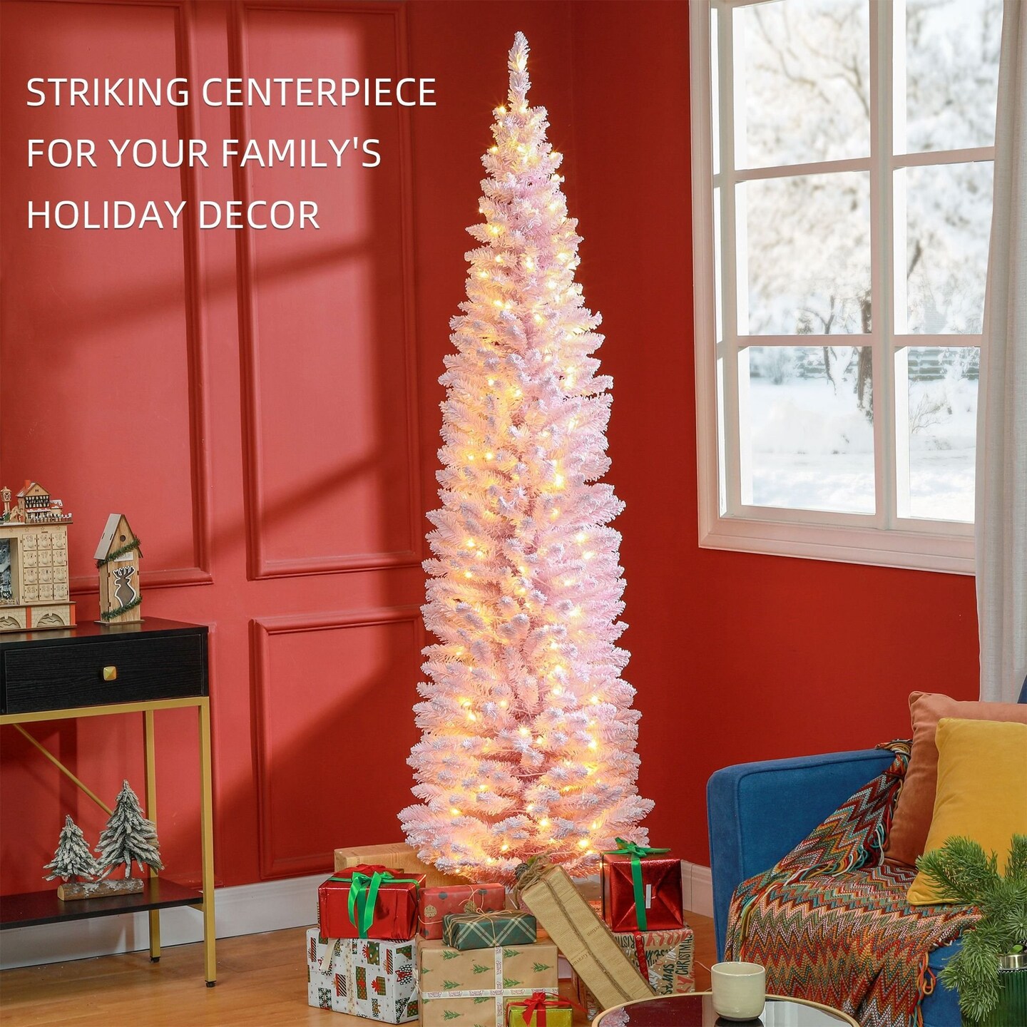 Edge Collections - 7' - Pink - Slim Prelit Christmas Tree for Holiday Ambiance - 1 Piece
