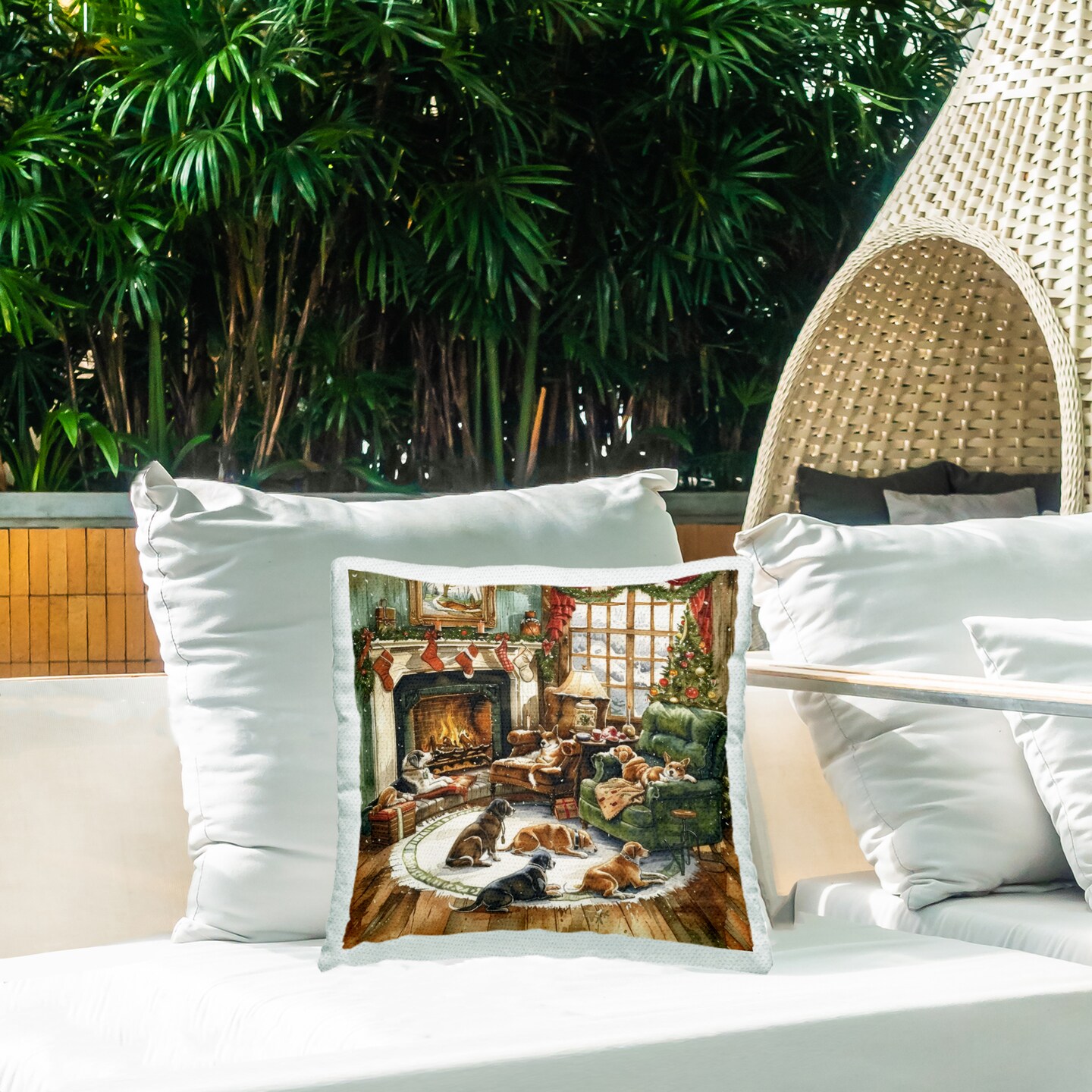 Stupell Industries Dogs Around Christmas Hearth Outdoor Printed Pillow, design by LSR Design Studio, 18 x 7 x 18