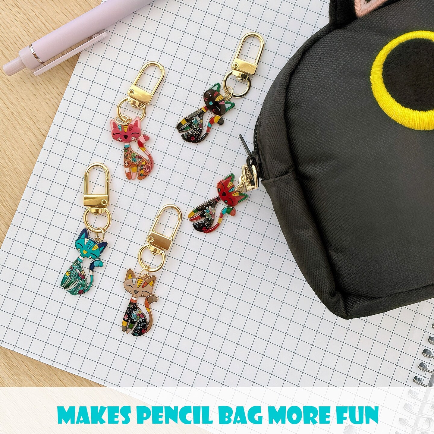 Wrapables Colorful Cats Keychain, Bag Charm Accessory for Purse Handbag Backpack (Set of 5)