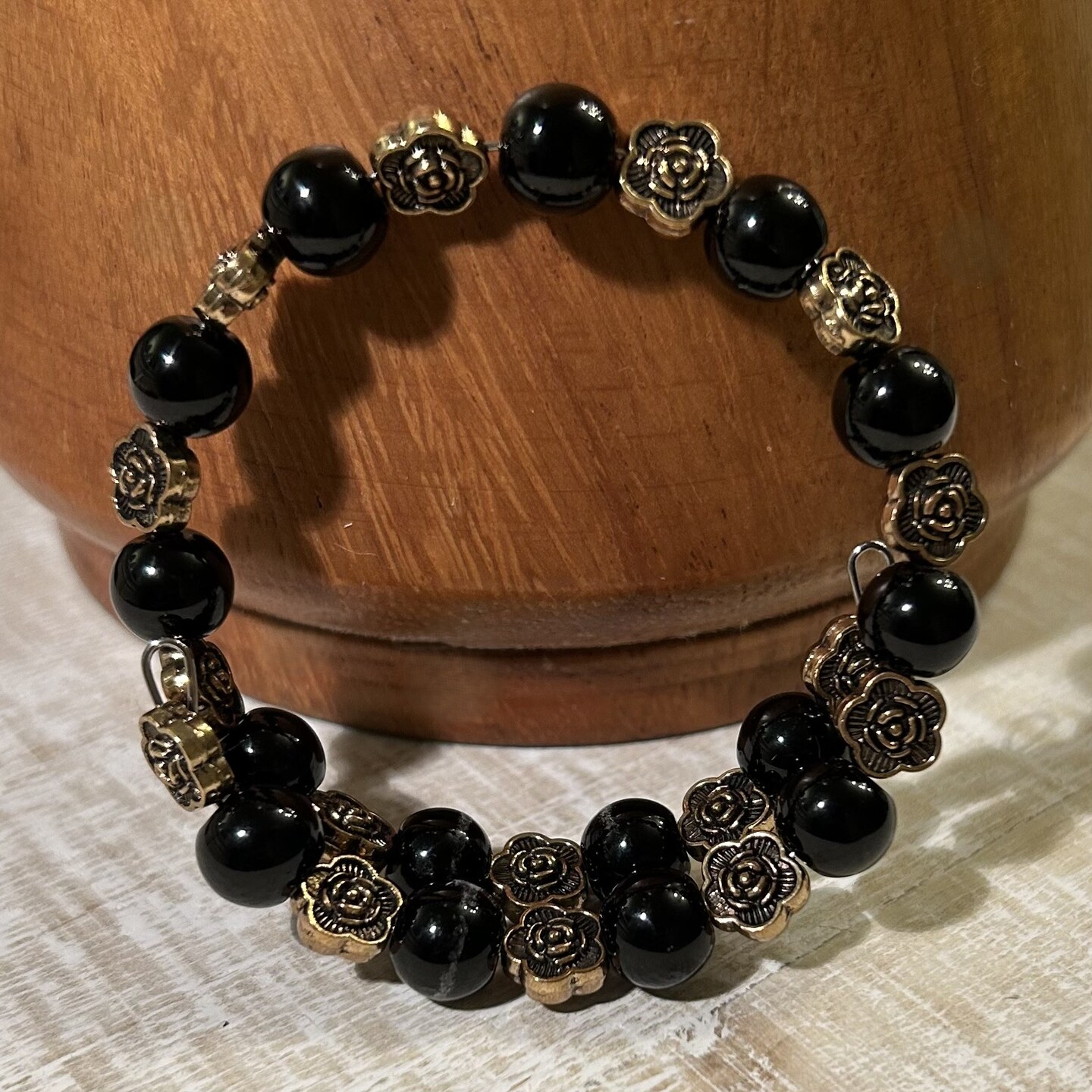 Antique Gold Roses and Black Agate Natural Stone Beaded Wrap