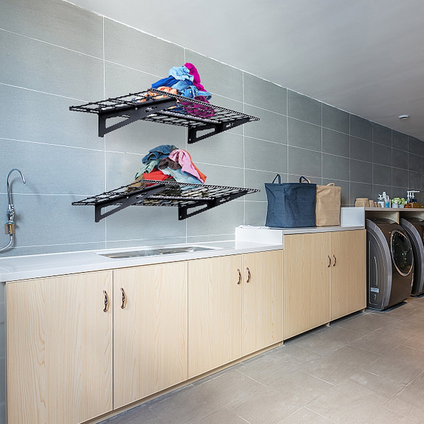 Black Steel Wall-Mounted Shelves 2-Layer Heavy Duty Storage Rack Adjustable Brackets