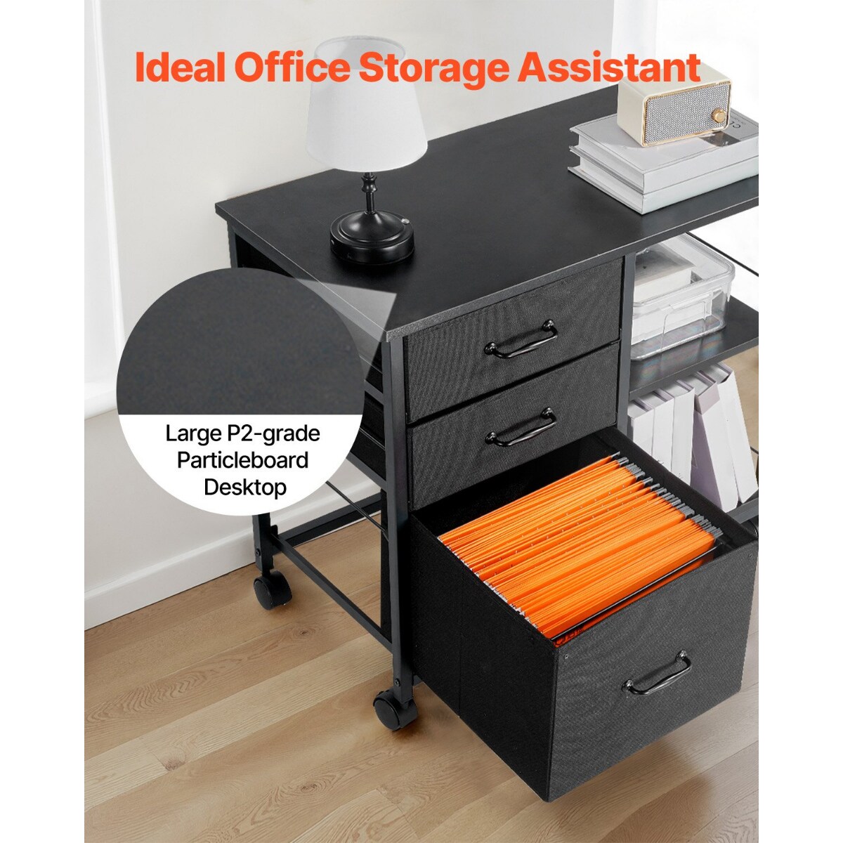 Mobile Metal File Cabinet with 3 Fabric Drawers and 2 Shelves Wooden Storage with Wheels